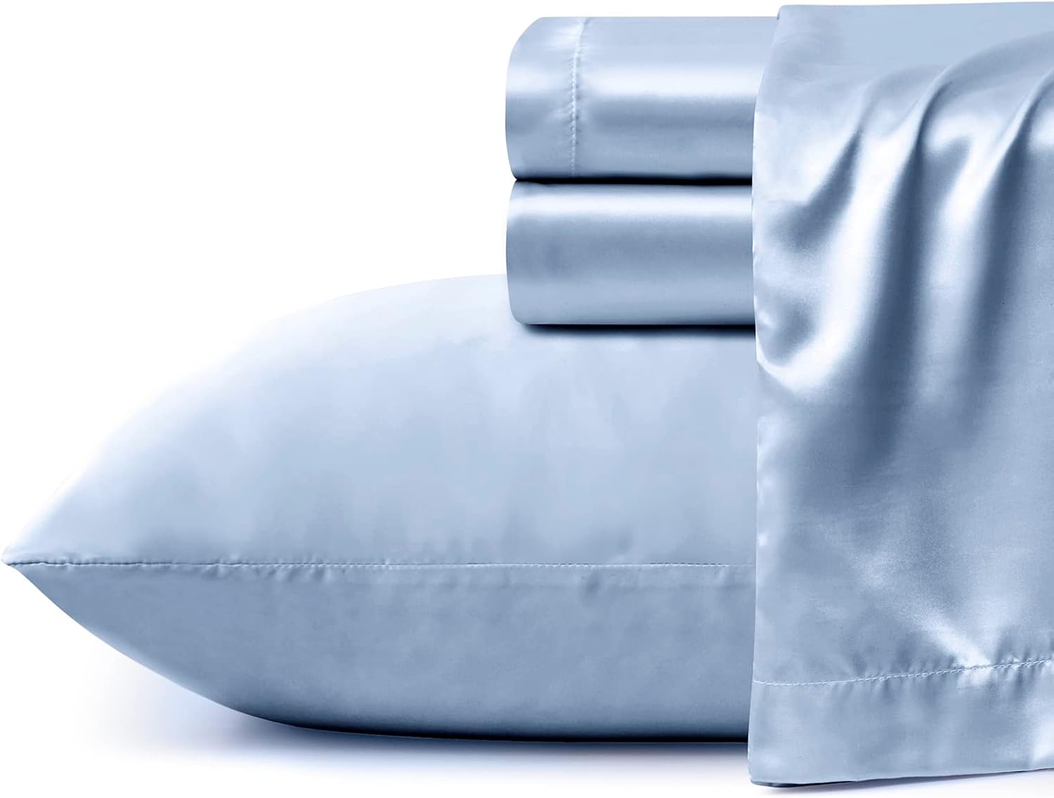 VACVELT 4pcs Extra Deep Pocket Queen Size Bedding Set, Baby Blue Luxury Satin Sheet Set Fit 18-24 Inch Deep Pocket Mattress, Soft & Ultra Deep Fitted Sheet Set