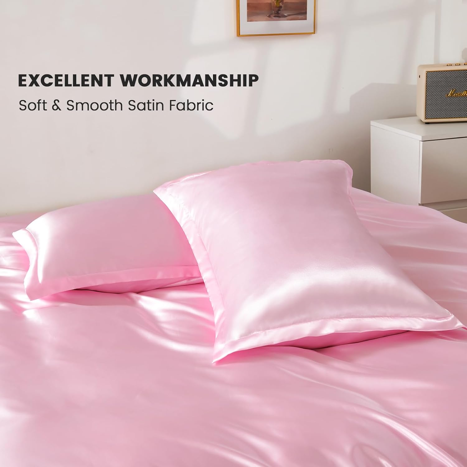 HOdo Home Satin Duvet Cover Queen Size, 3PCS Silk Like Comforter Cover, Ultra Soft and Breathable Bedding Set with Zipper Closure & Corner Ties (Pink)