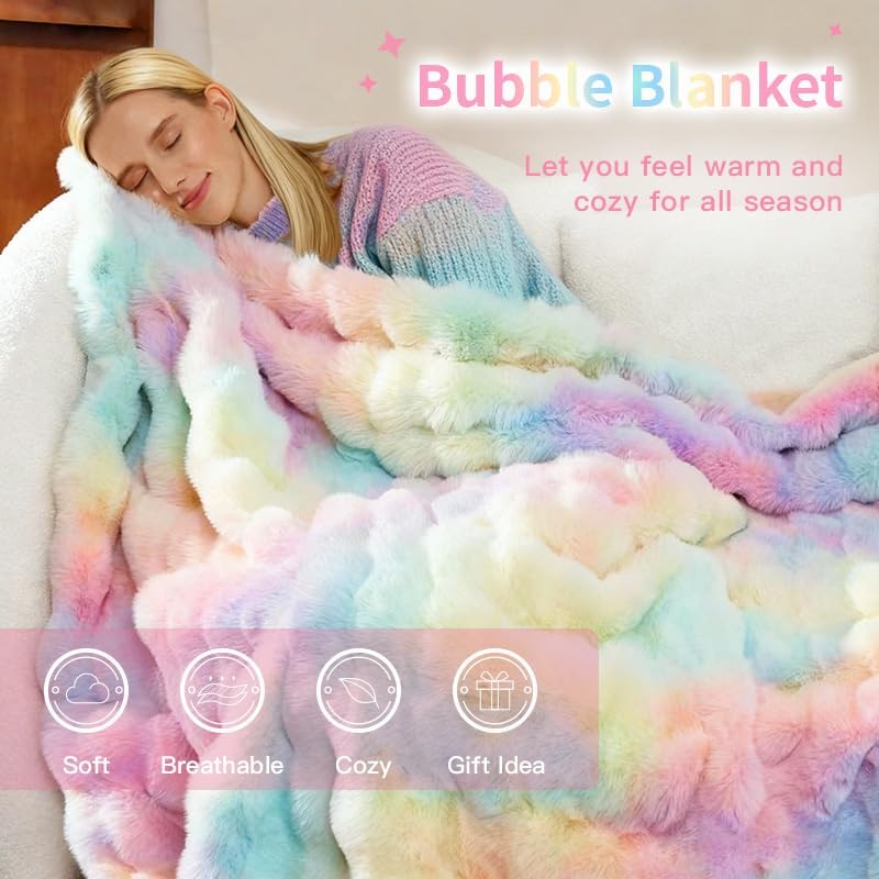 Pink Faux Fur Throw Blanket for Couch Rainbow Fluffy Plush Fuzzy Bed Blankets Warm Thick Rabbit Fleece Bubble Throws for Bedroom Living Room Home Decor, 51"x63"