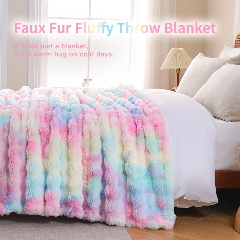 Pink Faux Fur Throw Blanket for Couch Rainbow Fluffy Plush Fuzzy Bed Blankets Warm Thick Rabbit Fleece Bubble Throws for Bedroom Living Room Home Decor, 51"x63"