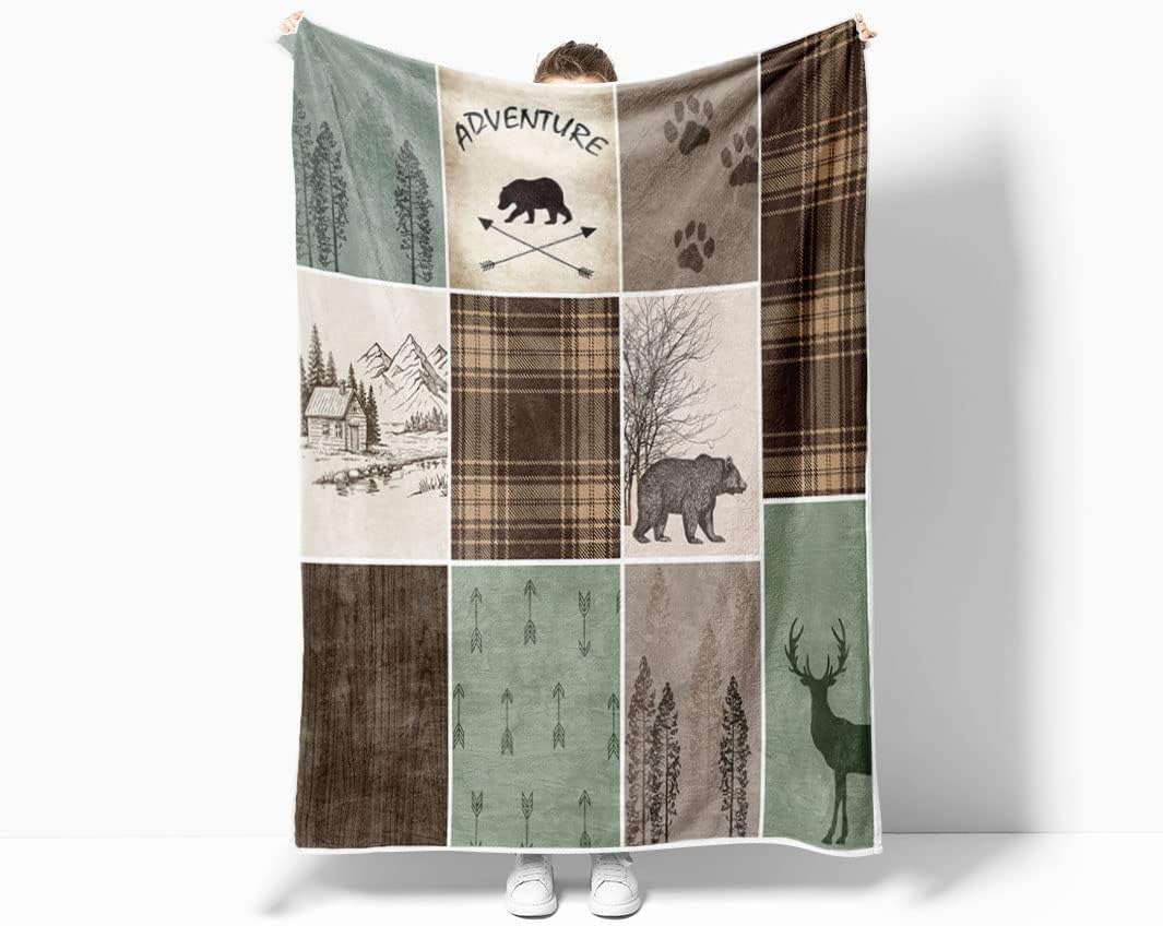 Torich Cabin Retro Rustic Lodge Flannel Throw Blankets, Bear Deer Country Hunting Wild Animal Cozy Warm Bed Couch Blanket, White Fleece Flannel Throws to Decorate The Room and Bedroom Camping Travel
