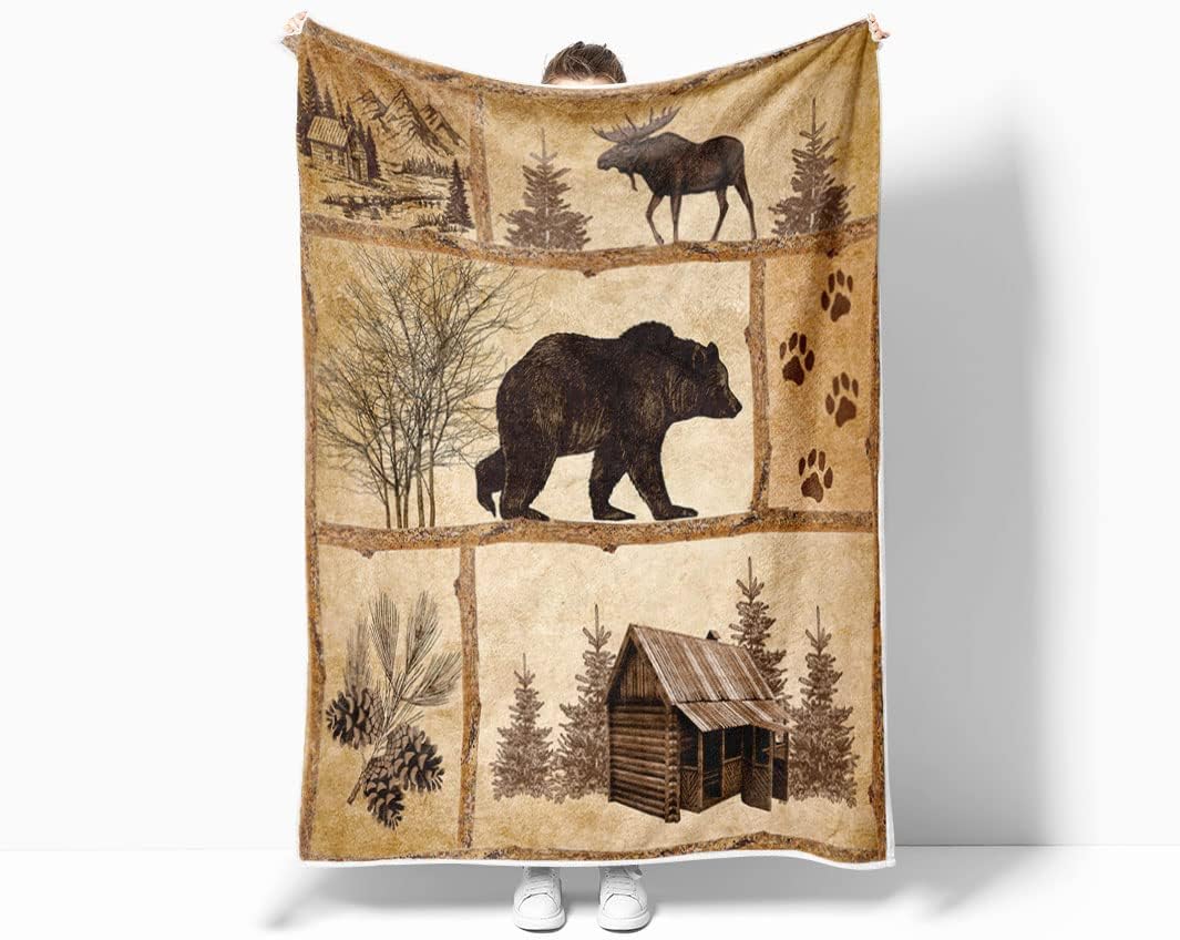 Rustic Cabin Throw Blankets, Farmhouse Country Antique Bear Moose Forest Vintage Wood Cozy Warm Bed Couch Blanket, Hunting Camping White Fleece Flannel Throws to Decorate The Room and Bedroom