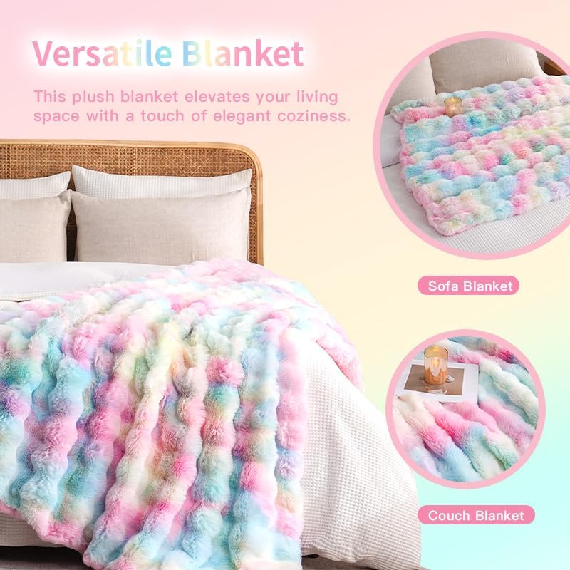 Pink Faux Fur Throw Blanket for Couch Rainbow Fluffy Plush Fuzzy Bed Blankets Warm Thick Rabbit Fleece Bubble Throws for Bedroom Living Room Home Decor, 51"x63"