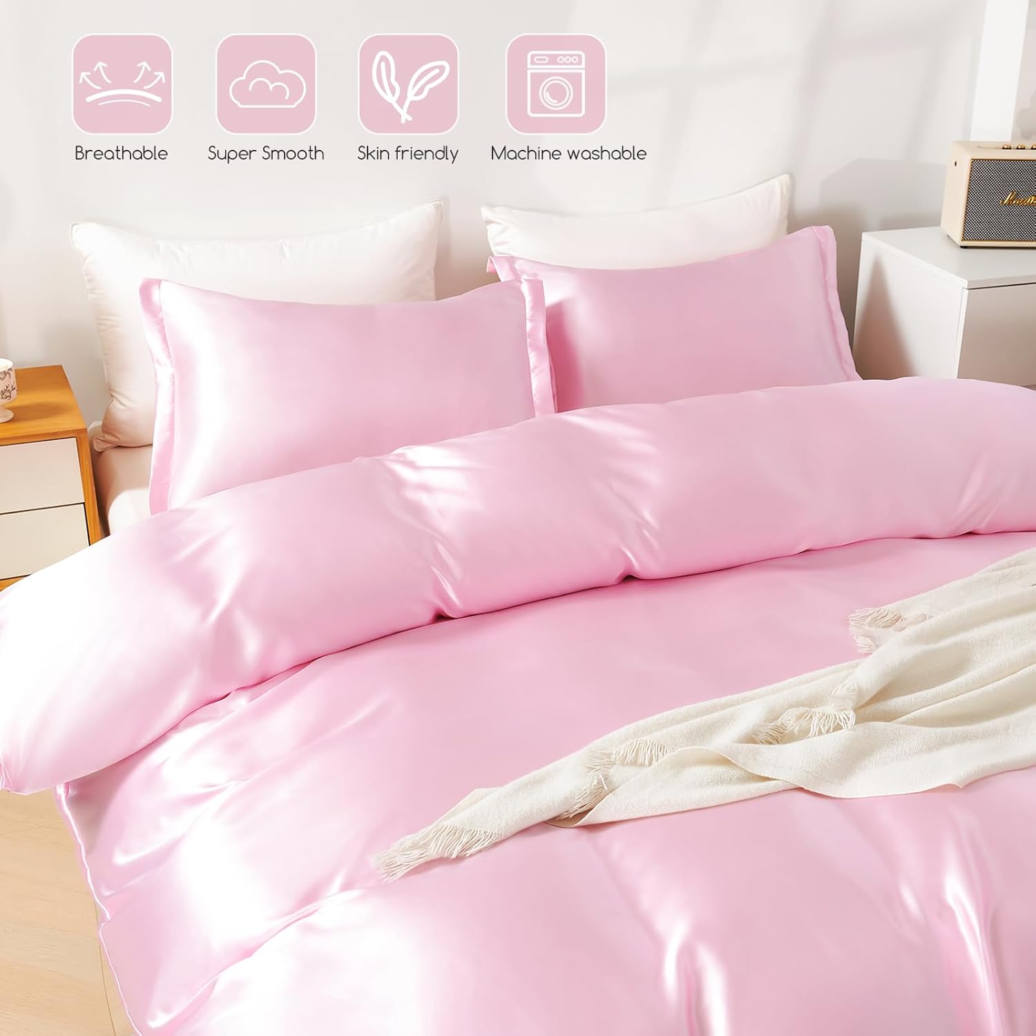 HOdo Home Satin Duvet Cover Queen Size, 3PCS Silk Like Comforter Cover, Ultra Soft and Breathable Bedding Set with Zipper Closure & Corner Ties (Pink)