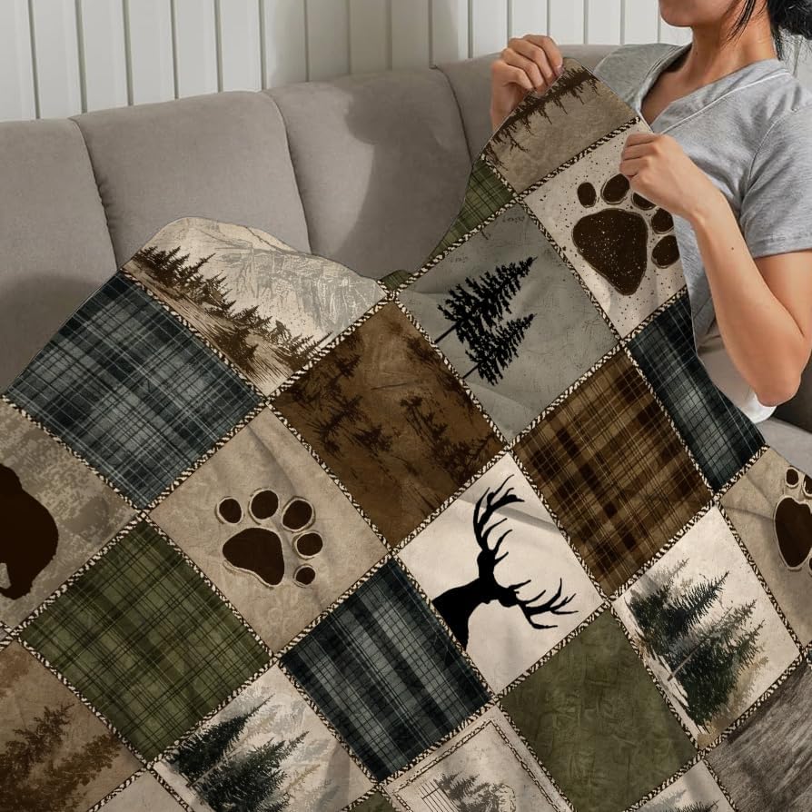 Rustic Cabin Throw Blanket Country Hunting Wildlife Bear Deer Lodge Brown Plaid Patchwork Soft Cozy Flannel Fleece Blankets for Living Room Bedroom Couch Sofa Bed Rustic Home Decor, 50x60 Inch
