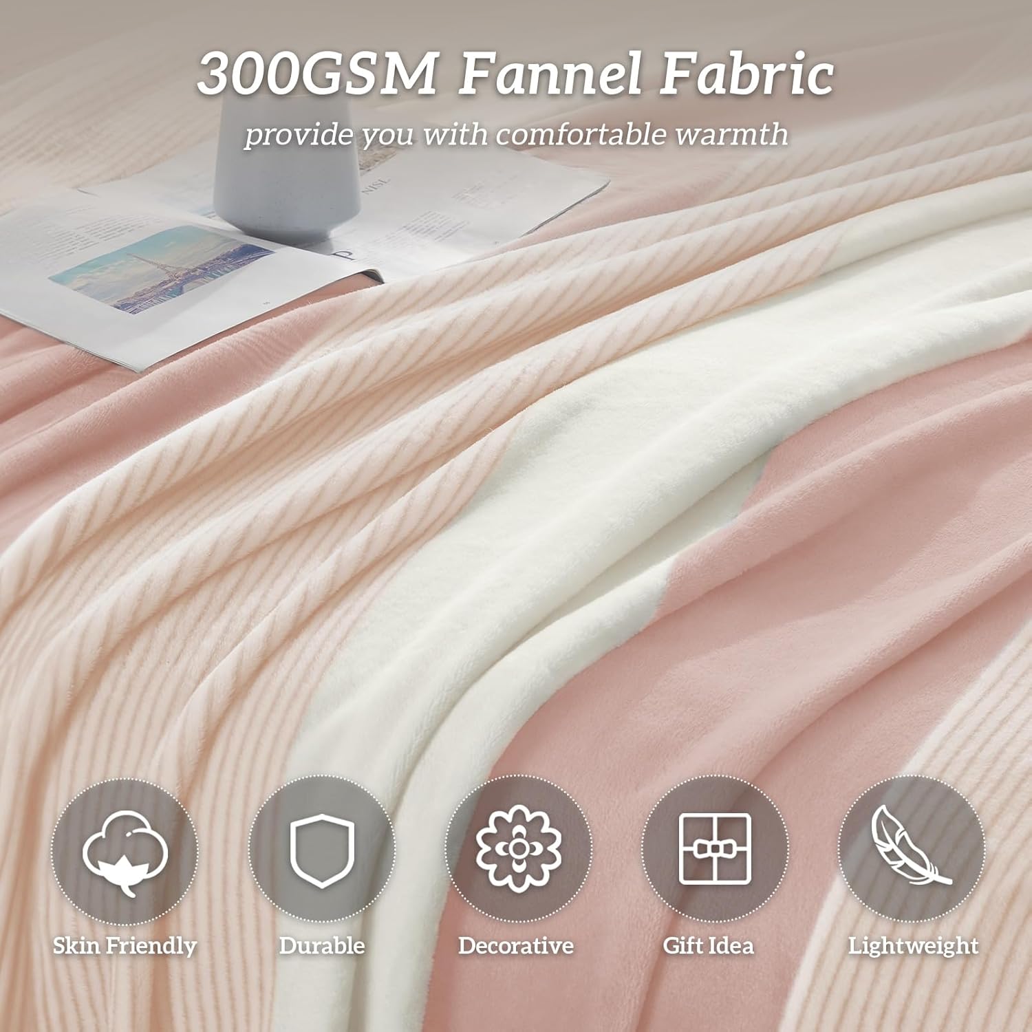 Homelike Moment Fleece Throw Blanket Twin Size, Pink Soft Fluffy Twin Blanket, Fuzzy Cozy Plush Flannel Blankets for Sofa, Comfy Warm Lightweight Twin Bed Blanket Striped (Pink, 60x80IN)