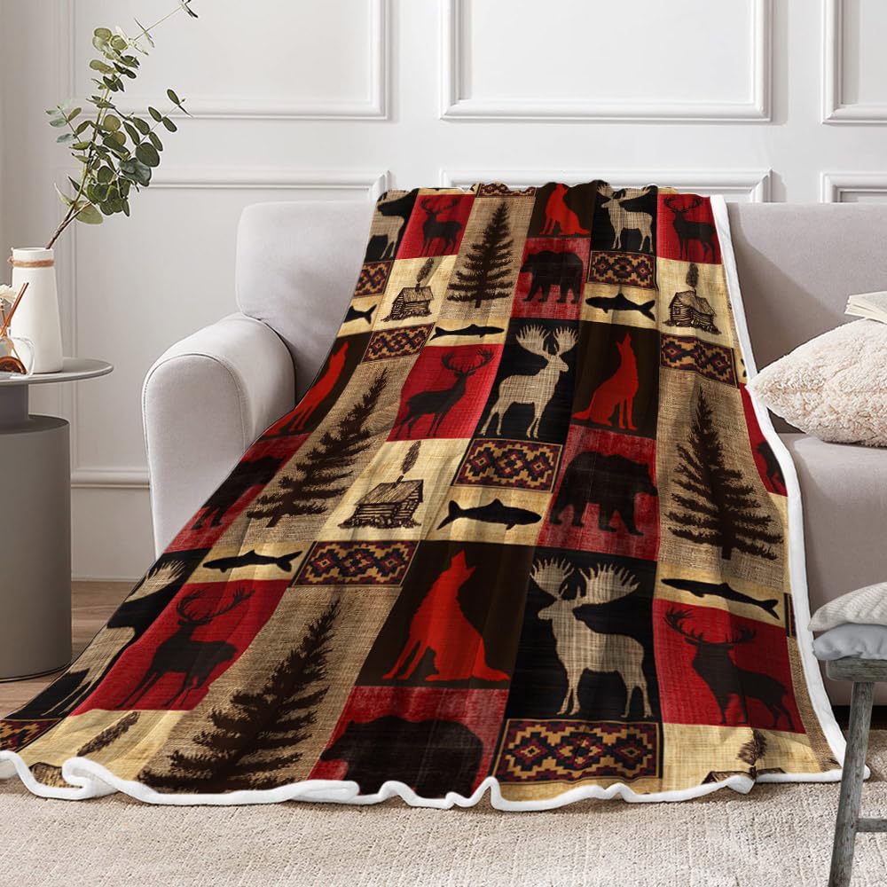 Torich Cabin Retro Rustic Lodge Flannel Throw Blankets, Bear Deer Country Hunting Wild Animal Cozy Warm Bed Couch Blanket, White Fleece Flannel Throws to Decorate The Room and Bedroom Camping Travel