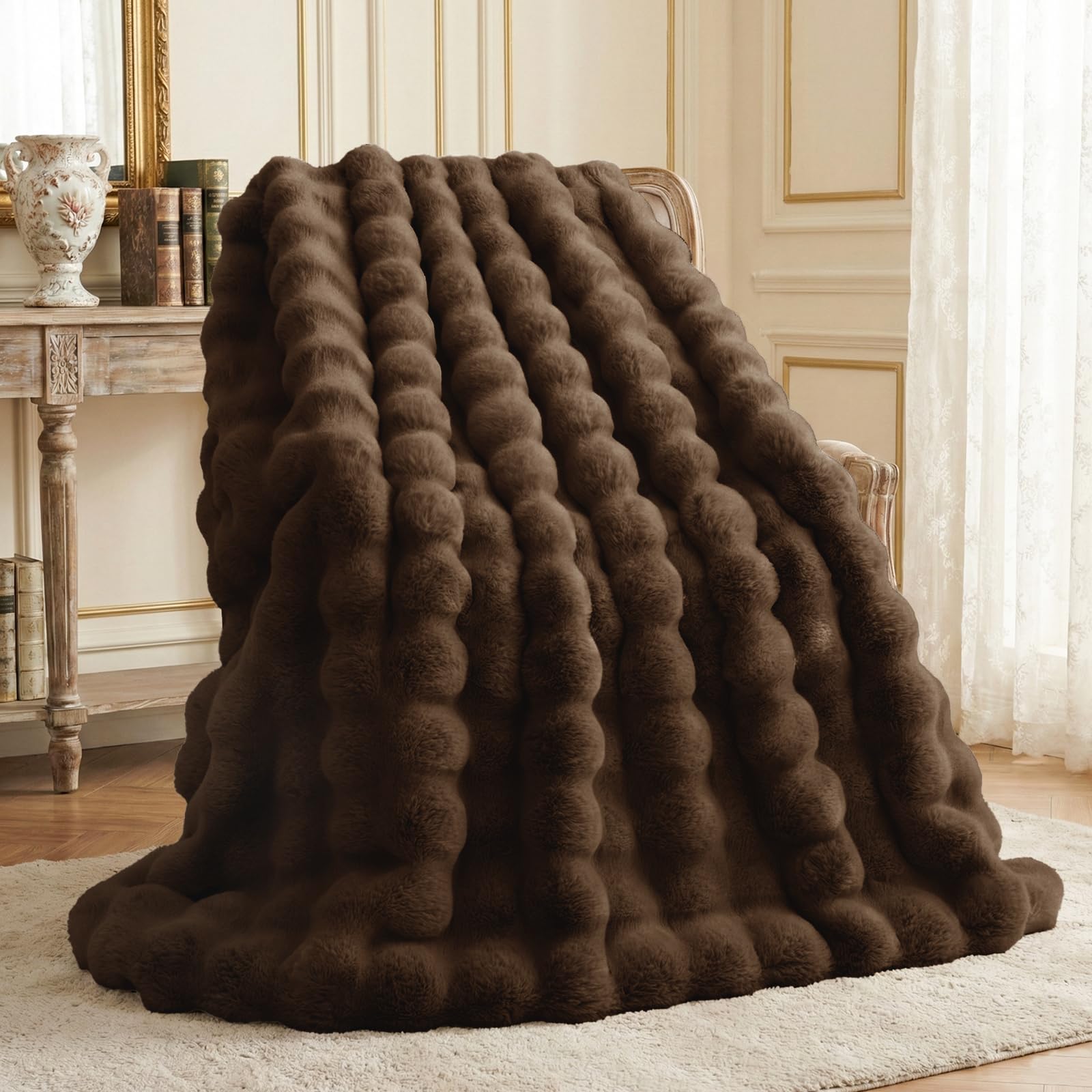 L'AGRATY Faux Rabbit Fur Blanket: 50" x 60" Luxury Soft Fluffy Thick Fur Throw Blanket for Couch Bed - Cozy Plush Bubble Blankets for Winter: Warm Flannel Fleece Decorative Blanket(Milk Tea Brown)
