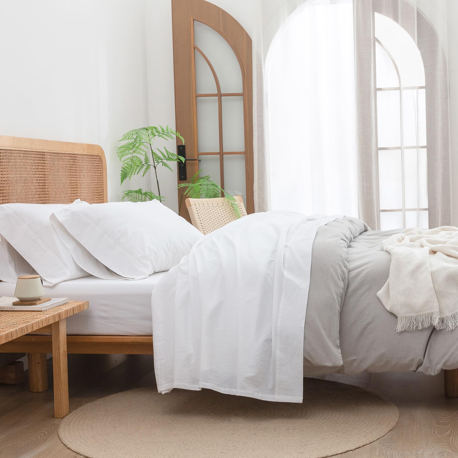 BESTOUCH Sheet Set 100% Washed Cotton Linen Feel Super Soft Comfortable Chic Lightweight 4 Pcs Home Bedding Set Solid Olive Green Queen