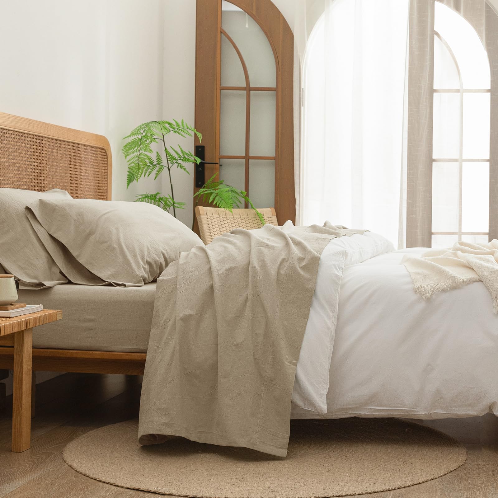 BESTOUCH Sheet Set 100% Washed Cotton Linen Feel Super Soft Comfortable Chic Lightweight 4 Pcs Home Bedding Set Solid Olive Green Queen