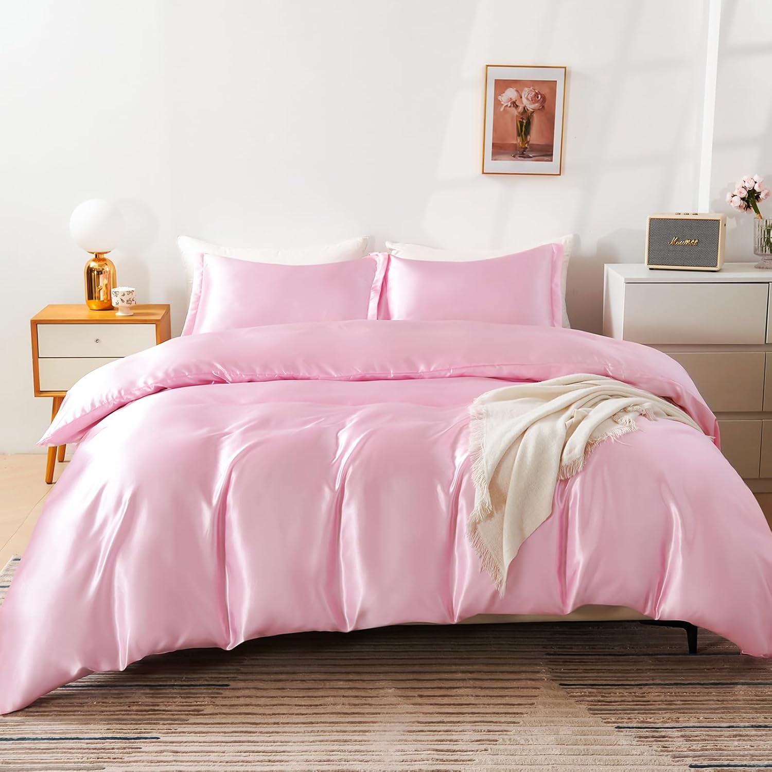 HOdo Home Satin Duvet Cover Queen Size, 3PCS Silk Like Comforter Cover, Ultra Soft and Breathable Bedding Set with Zipper Closure & Corner Ties (Pink)