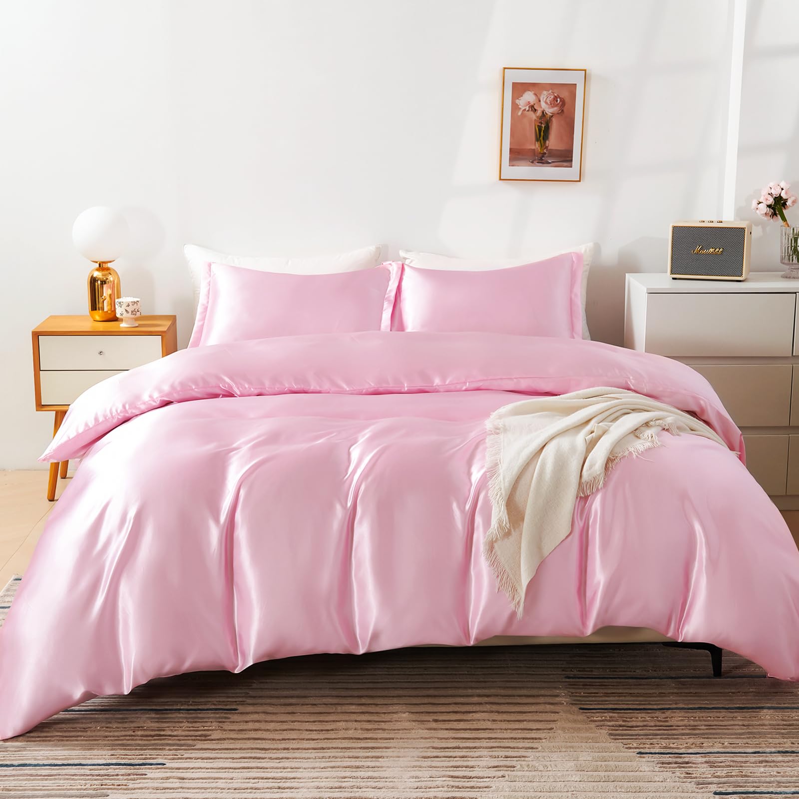HOdo Home Satin Duvet Cover Queen Size, 3PCS Silk Like Comforter Cover, Ultra Soft and Breathable Bedding Set with Zipper Closure & Corner Ties (Pink)