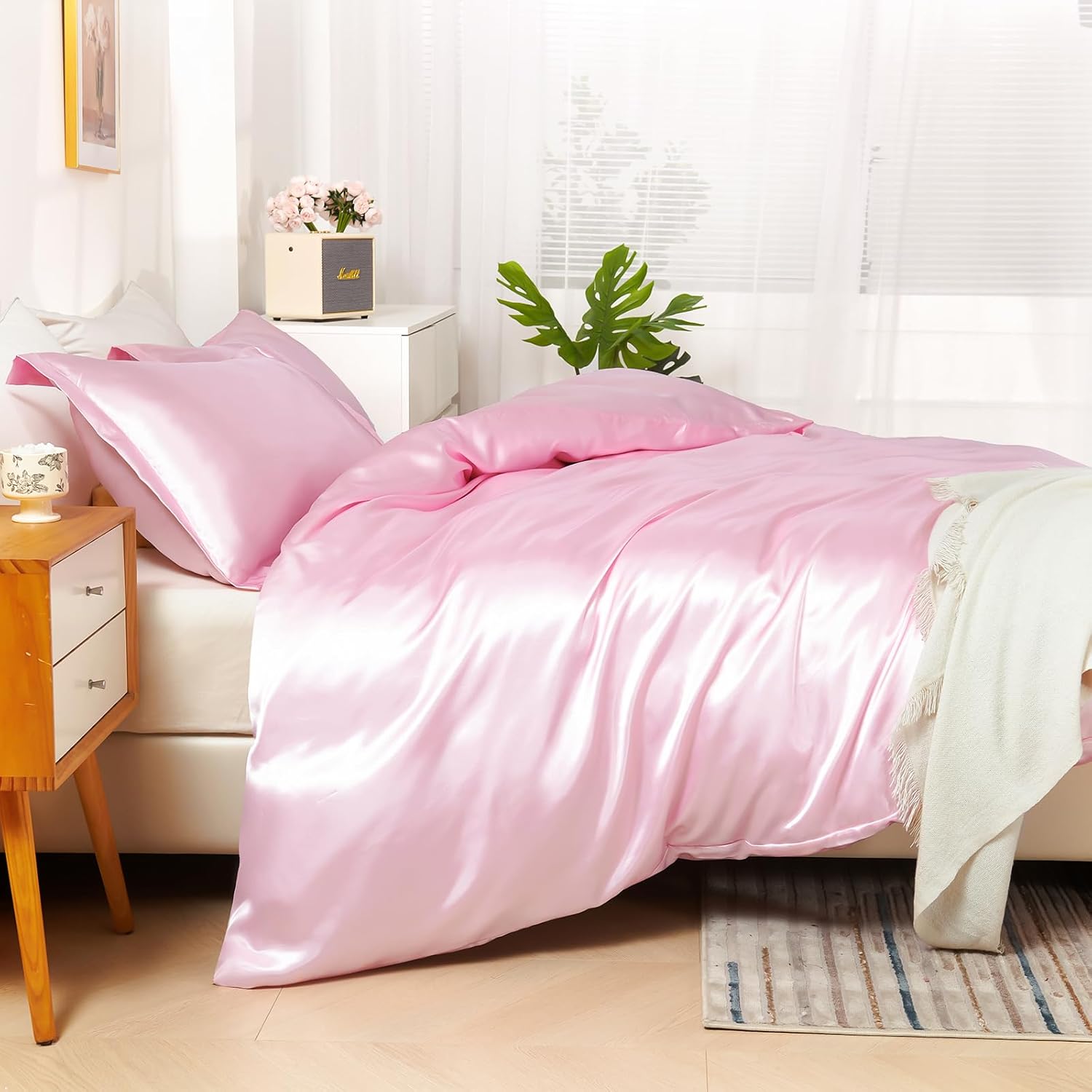 HOdo Home Satin Duvet Cover Queen Size, 3PCS Silk Like Comforter Cover, Ultra Soft and Breathable Bedding Set with Zipper Closure & Corner Ties (Pink)