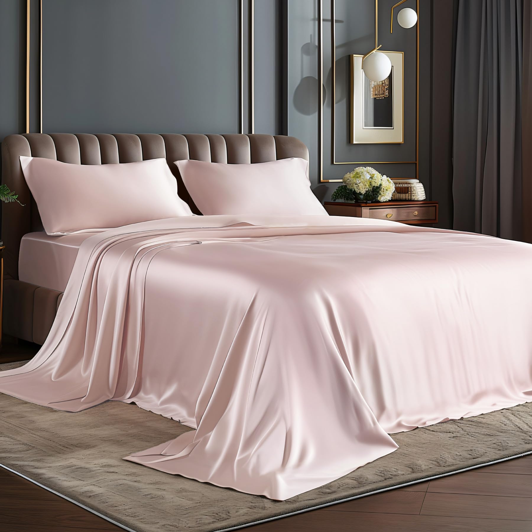 BEDELITE Satin Sheets Queen Size Bed Set, Luxury Soft Black Silky Sheets for Hair and Skin, Similar to Silk Bed Sheets Set 4 Pieces with 1 Deep Pocket Fitted Sheet, 1 Flat Sheet, and 2 Pillowcases