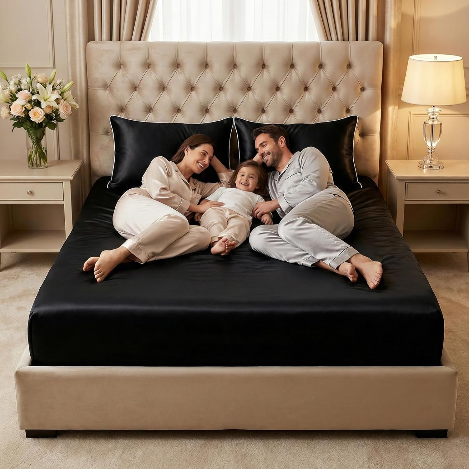 Thmyo 3-Piece Satin Bedding Set,Satin Fitted Sheet with Pillowcases,Soft Comfort Hypoallergenic Breathable Bedding Set (1 Fitted Sheet+2 Pillowcases) (Black, Twin)