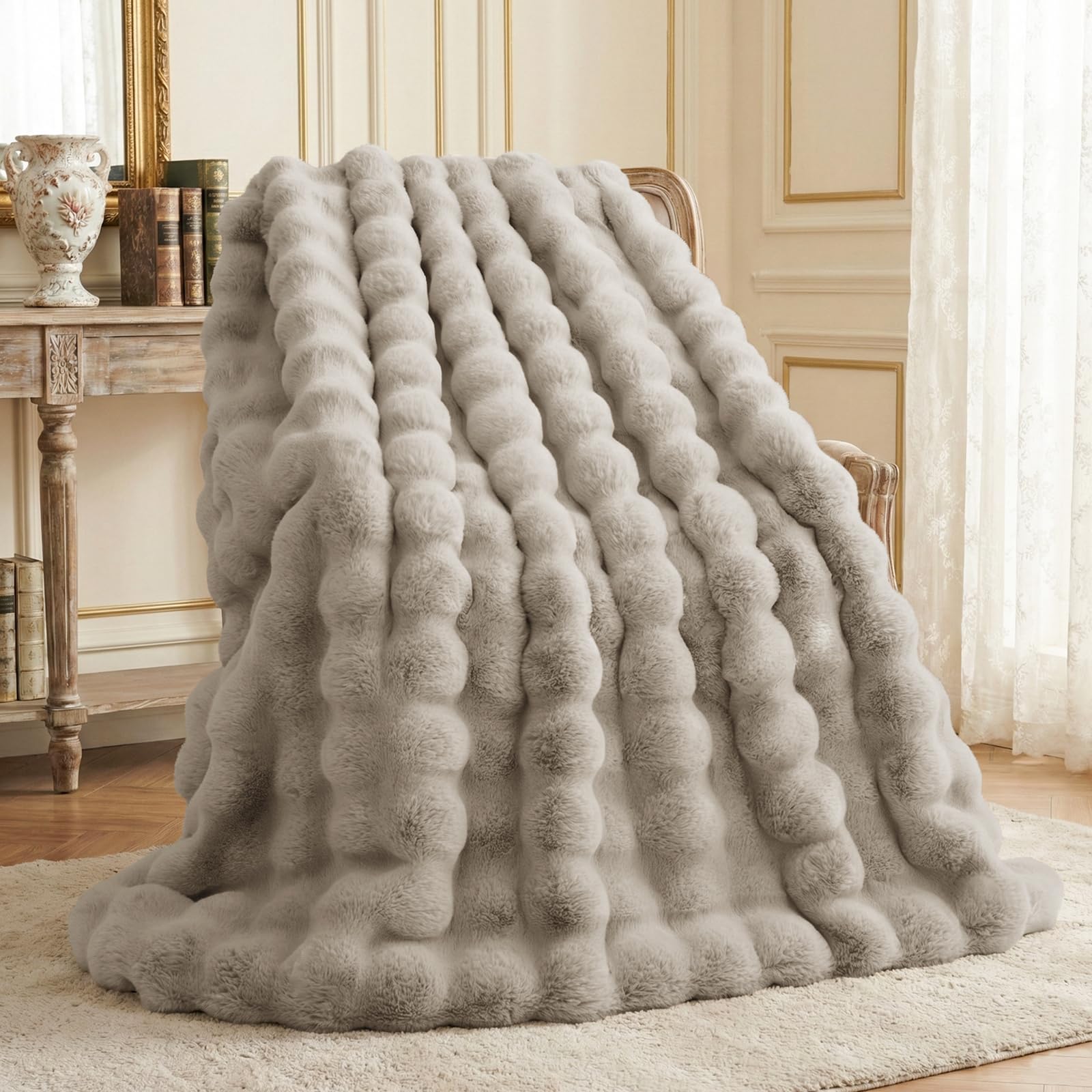 L'AGRATY Faux Rabbit Fur Blanket: 50" x 60" Luxury Soft Fluffy Thick Fur Throw Blanket for Couch Bed - Cozy Plush Bubble Blankets for Winter: Warm Flannel Fleece Decorative Blanket(Milk Tea Brown)