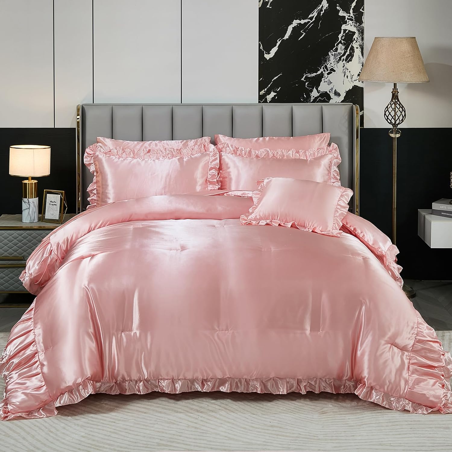 Herside Satin Pink Ruffle Comforter Set with Sheet Set Queen Size,8 Pieces Ruched Pleated Comforter Silk Like Satin Bedding Set,Soft Smooth Luxury Shabby Chic Silky Quilt Set for All Season