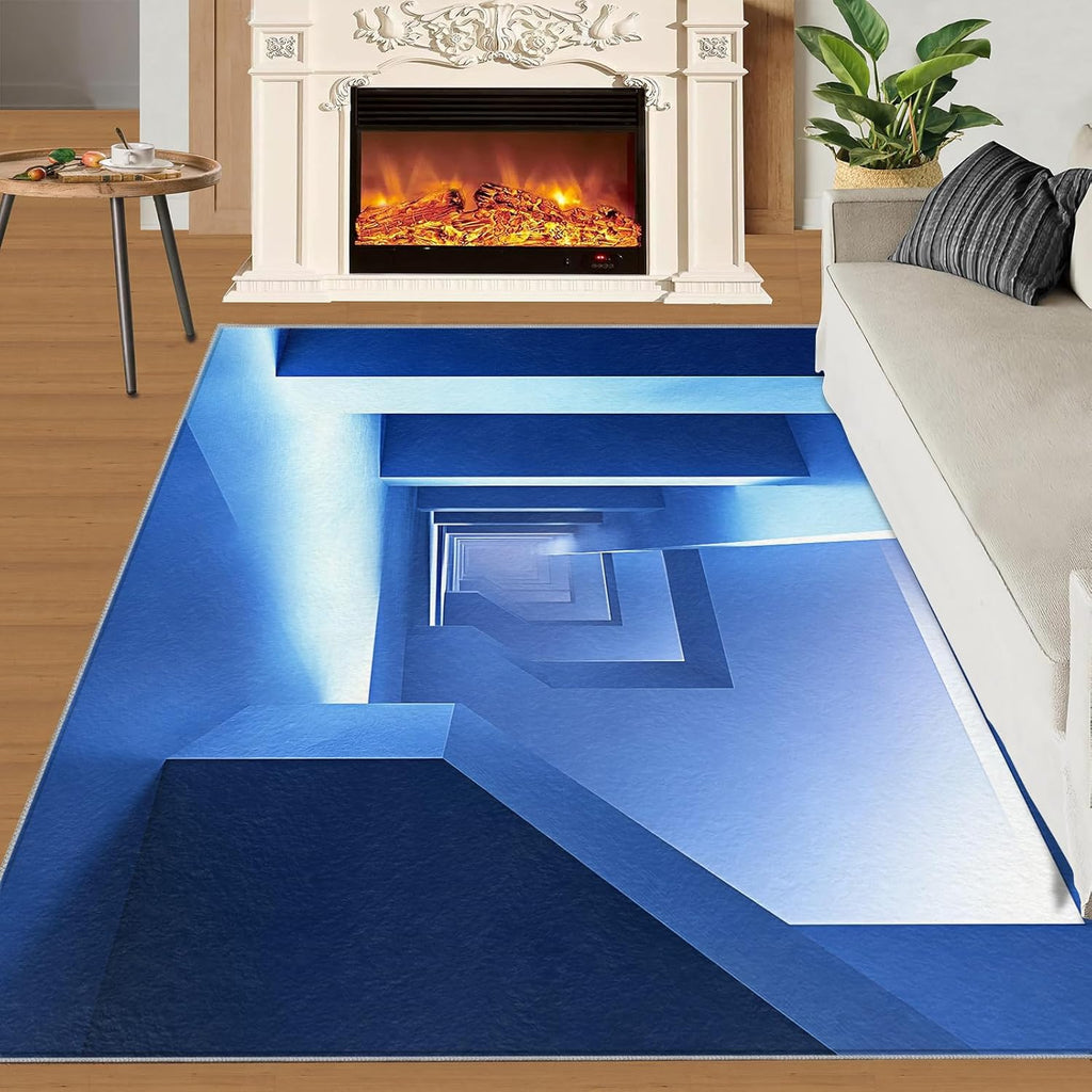 3D Geometric Rug - 4x4 Square Rug - Nordic Geometric Rugs for Living Room Bedroom, Blue Gradient Indoor Carpet - Washable Non Slip Soft Low Pile - Area Rugs & Home Decor