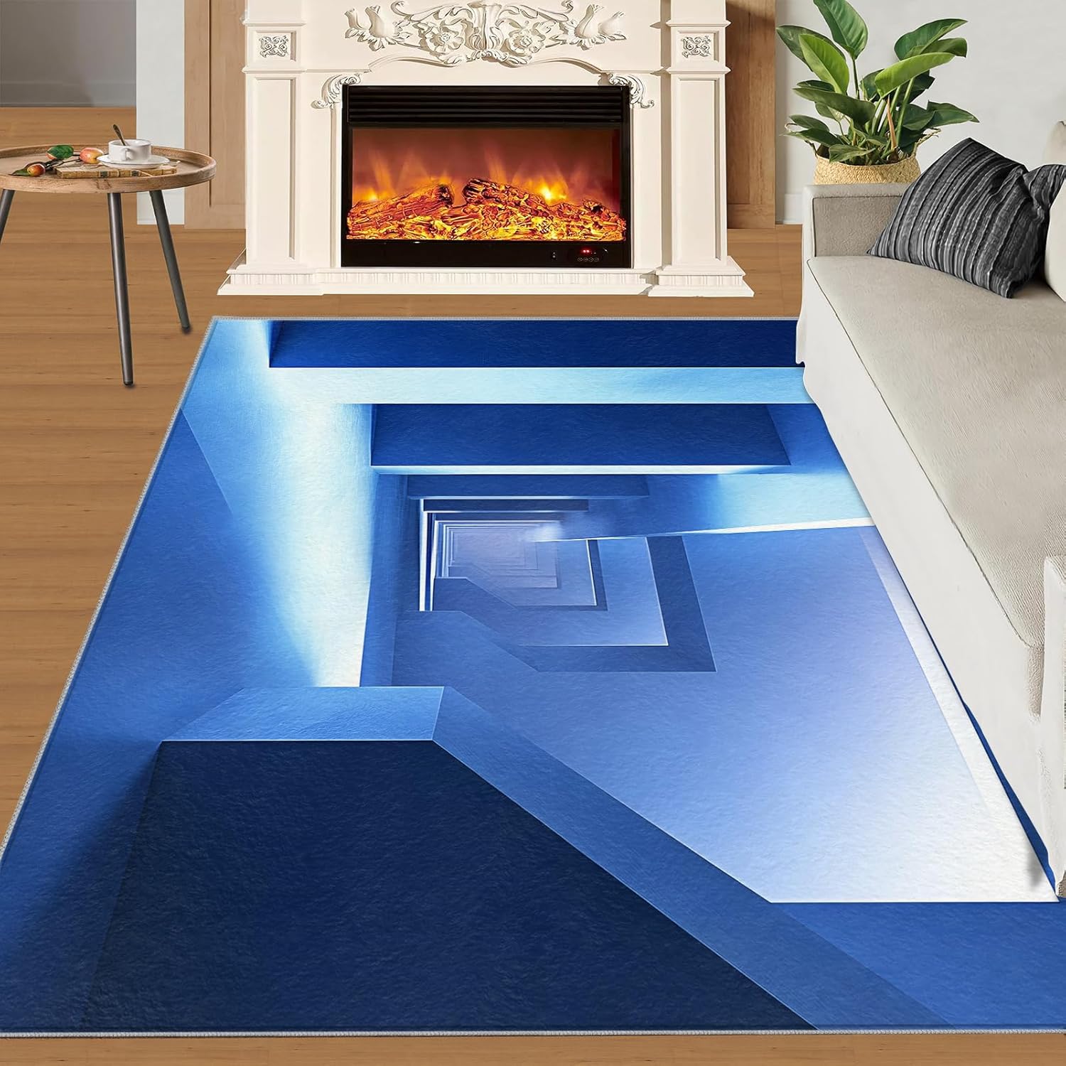 3D Geometric Rug - 4x4 Square Rug - Nordic Geometric Rugs for Living Room Bedroom, Blue Gradient Indoor Carpet - Washable Non Slip Soft Low Pile - Area Rugs & Home Decor