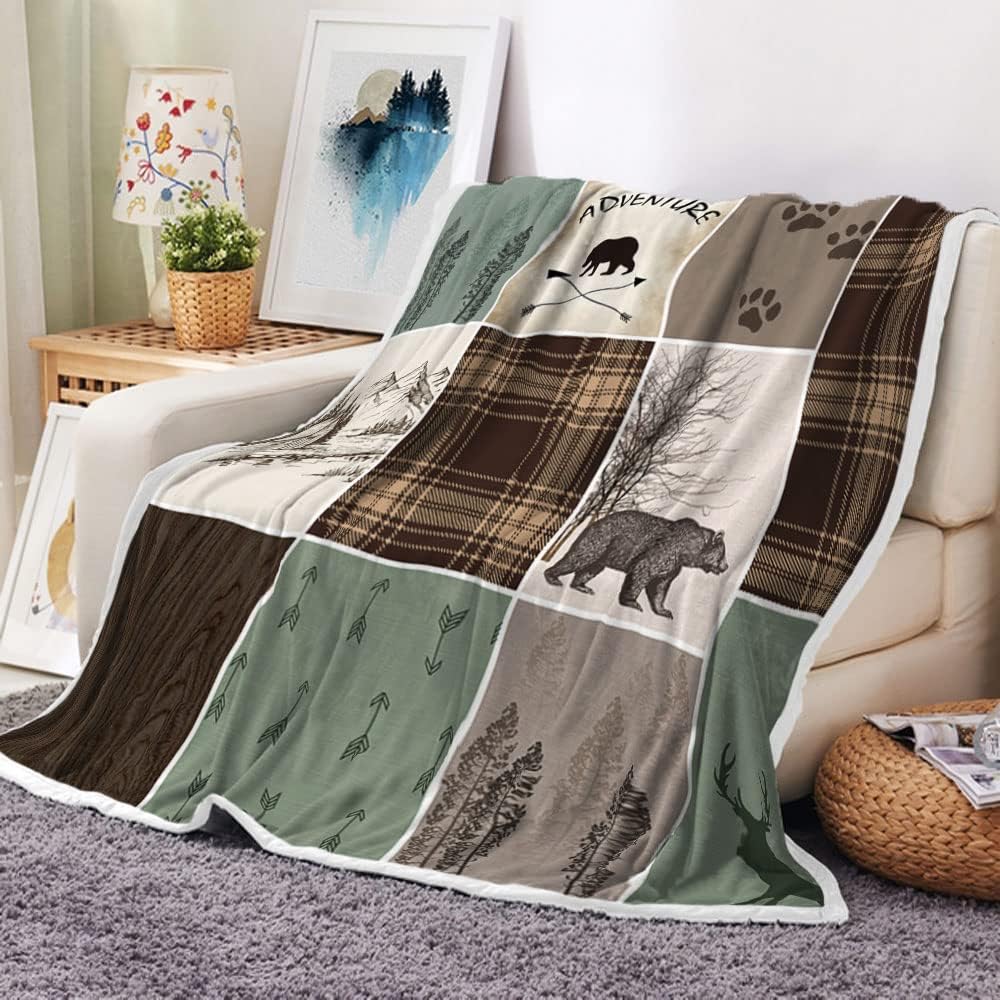 Torich Cabin Retro Rustic Lodge Flannel Throw Blankets, Bear Deer Country Hunting Wild Animal Cozy Warm Bed Couch Blanket, White Fleece Flannel Throws to Decorate The Room and Bedroom Camping Travel