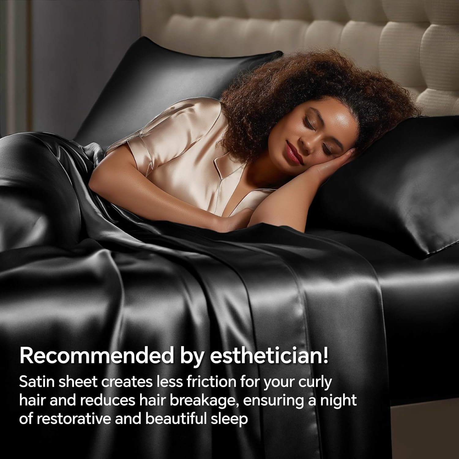 BEDELITE Satin Sheets Queen Size Bed Set, Luxury Soft Black Silky Sheets for Hair and Skin, Similar to Silk Bed Sheets Set 4 Pieces with 1 Deep Pocket Fitted Sheet, 1 Flat Sheet, and 2 Pillowcases