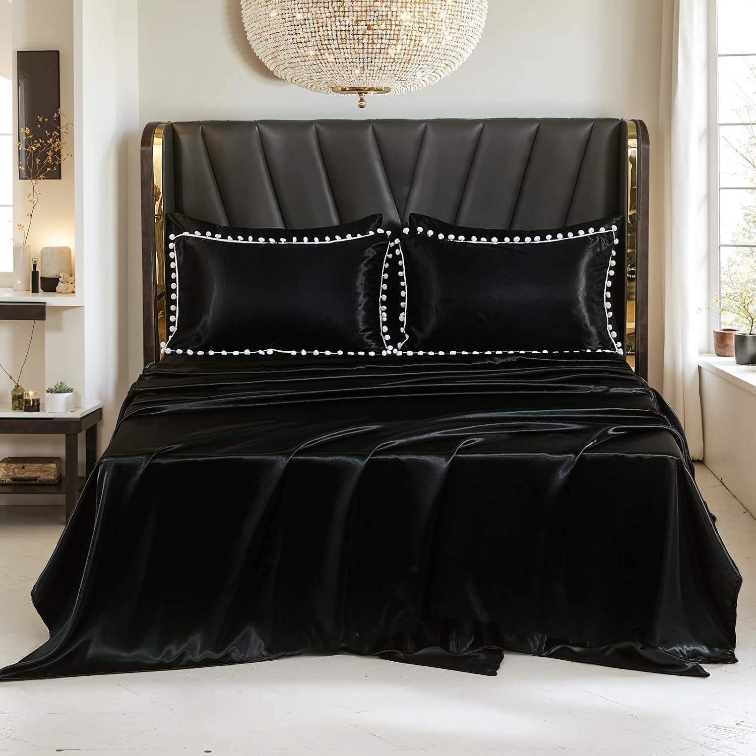 Bedorm Black Satin Comforter Sets Queen Silky Pom Pom Bedding Set 10 Pcs White Balls Fringe Decorative Comforter Silk Like Satin Comforter with Satin Sheet Set & Bed Skirt & Pillow Cover