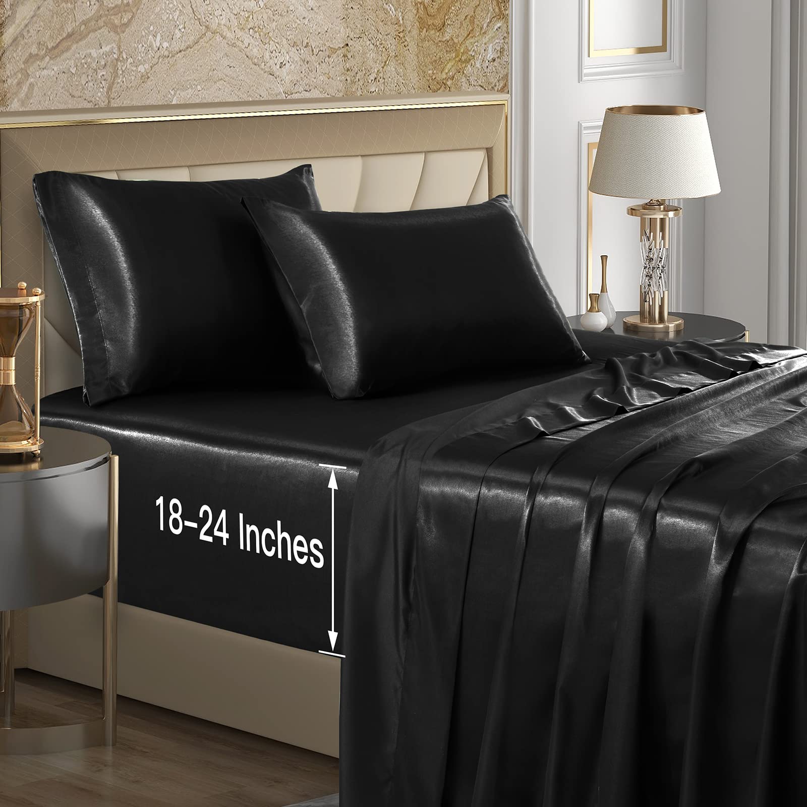 VACVELT 4pcs Extra Deep Pocket Queen Size Bedding Set, Baby Blue Luxury Satin Sheet Set Fit 18-24 Inch Deep Pocket Mattress, Soft & Ultra Deep Fitted Sheet Set