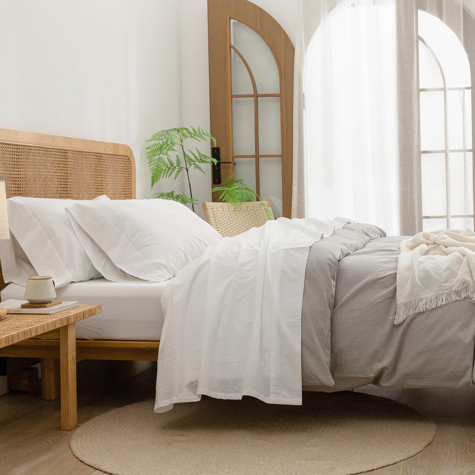 BESTOUCH Sheet Set 100% Washed Cotton Linen Feel Super Soft Comfortable Chic Lightweight 4 Pcs Home Bedding Set Solid Olive Green Queen