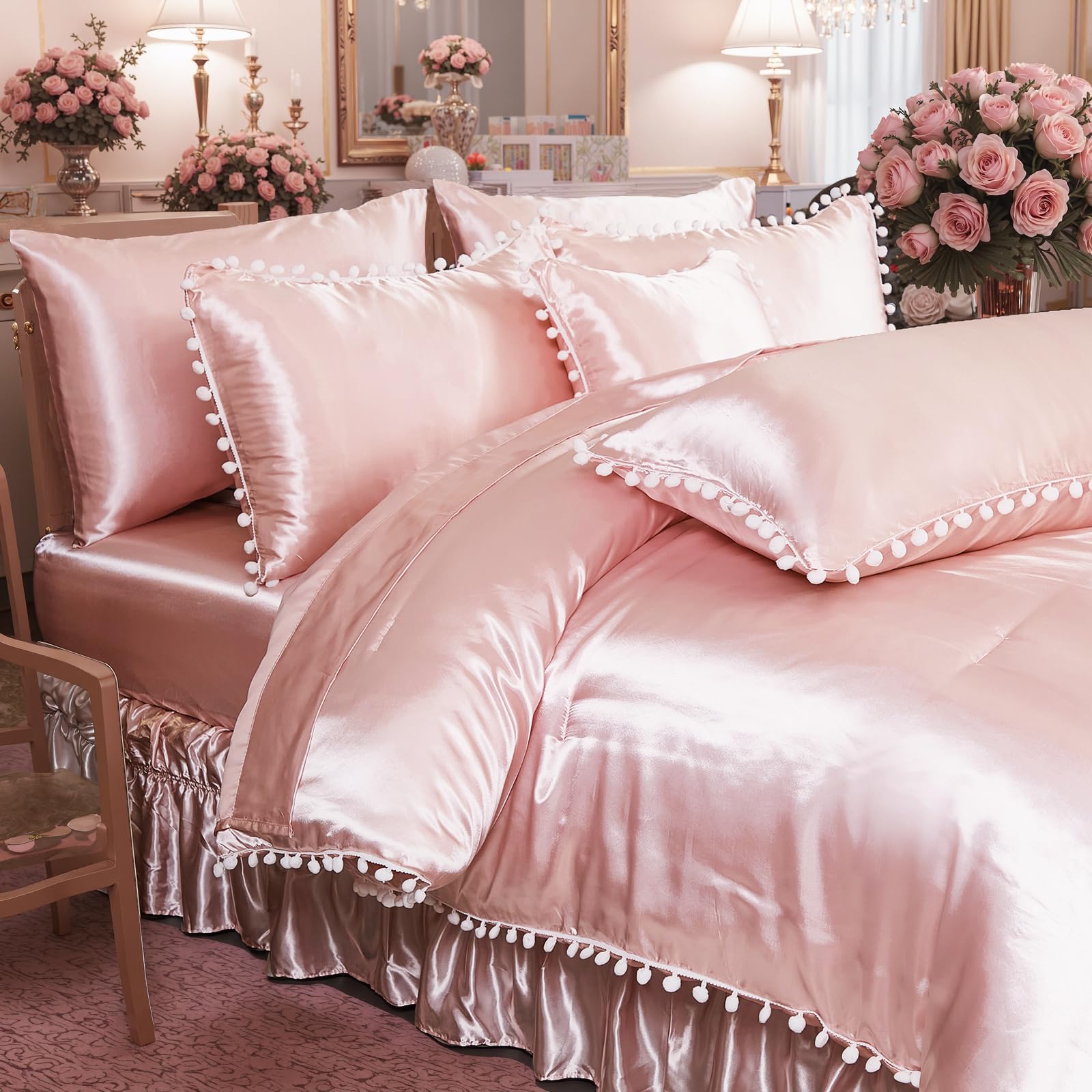 Bedorm Black Satin Comforter Sets Queen Silky Pom Pom Bedding Set 10 Pcs White Balls Fringe Decorative Comforter Silk Like Satin Comforter with Satin Sheet Set & Bed Skirt & Pillow Cover