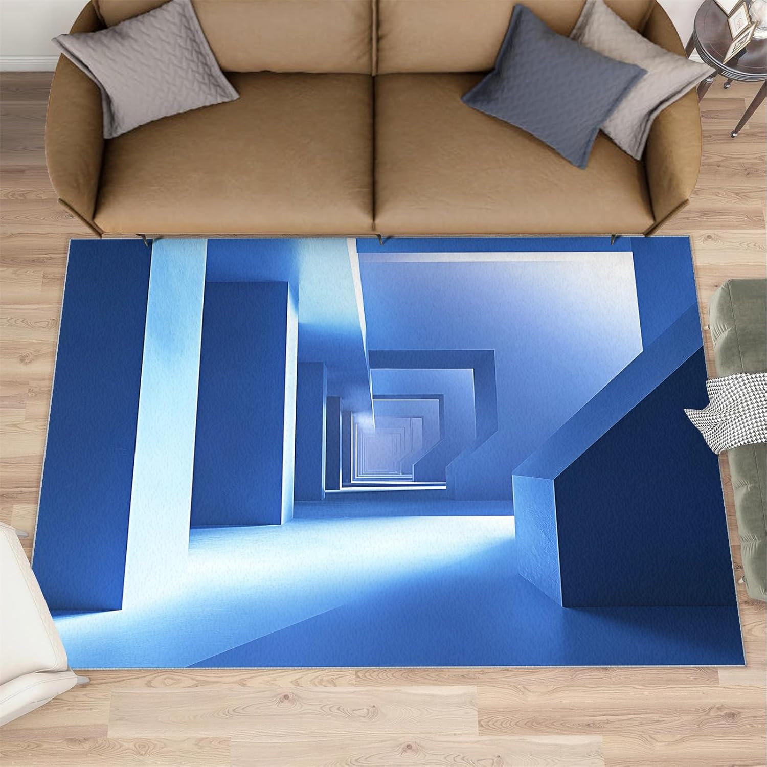 3D Geometric Rug - 4x4 Square Rug - Nordic Geometric Rugs for Living Room Bedroom, Blue Gradient Indoor Carpet - Washable Non Slip Soft Low Pile - Area Rugs & Home Decor