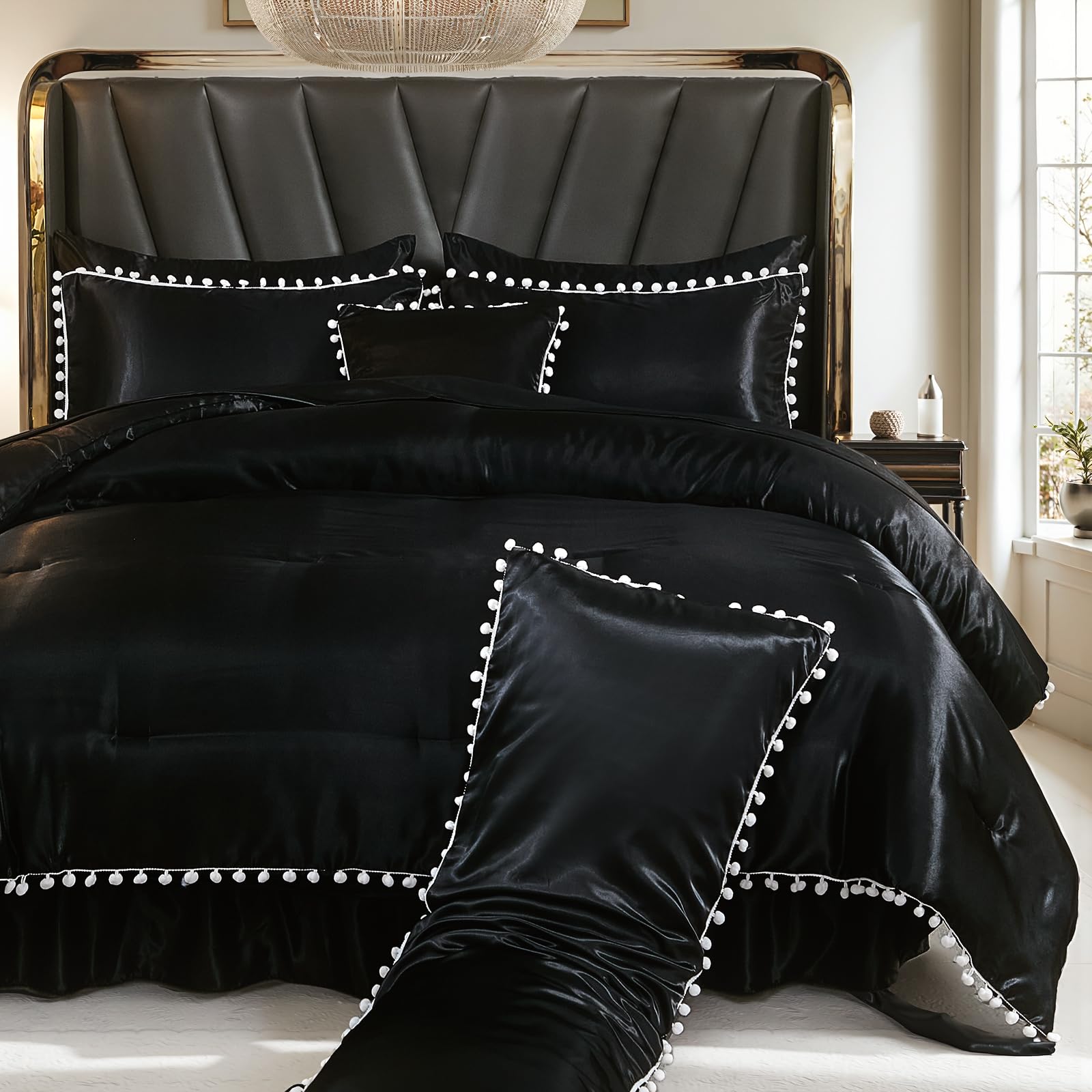 Bedorm Black Satin Comforter Sets Queen Silky Pom Pom Bedding Set 10 Pcs White Balls Fringe Decorative Comforter Silk Like Satin Comforter with Satin Sheet Set & Bed Skirt & Pillow Cover