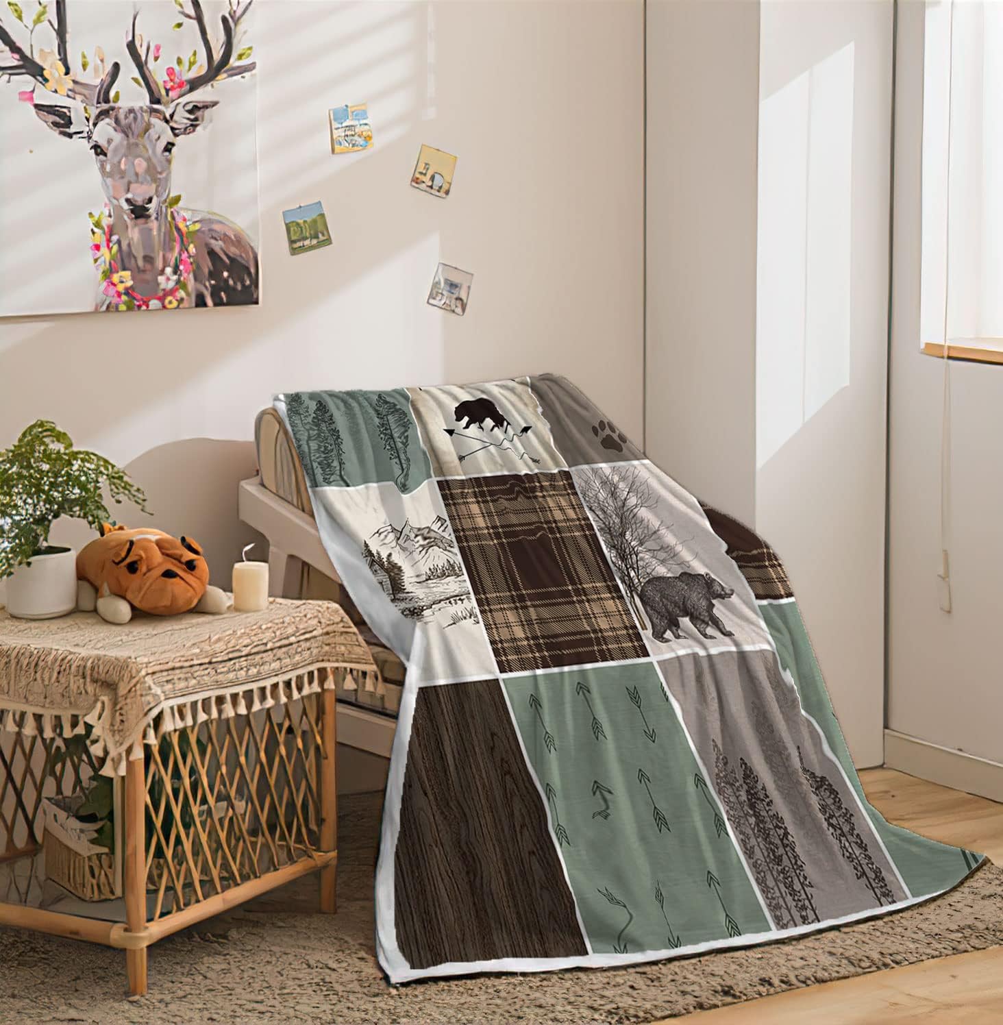 Torich Cabin Retro Rustic Lodge Flannel Throw Blankets, Bear Deer Country Hunting Wild Animal Cozy Warm Bed Couch Blanket, White Fleece Flannel Throws to Decorate The Room and Bedroom Camping Travel