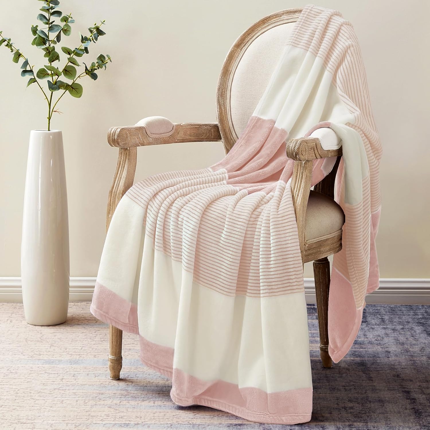 Homelike Moment Fleece Throw Blanket Twin Size, Pink Soft Fluffy Twin Blanket, Fuzzy Cozy Plush Flannel Blankets for Sofa, Comfy Warm Lightweight Twin Bed Blanket Striped (Pink, 60x80IN)