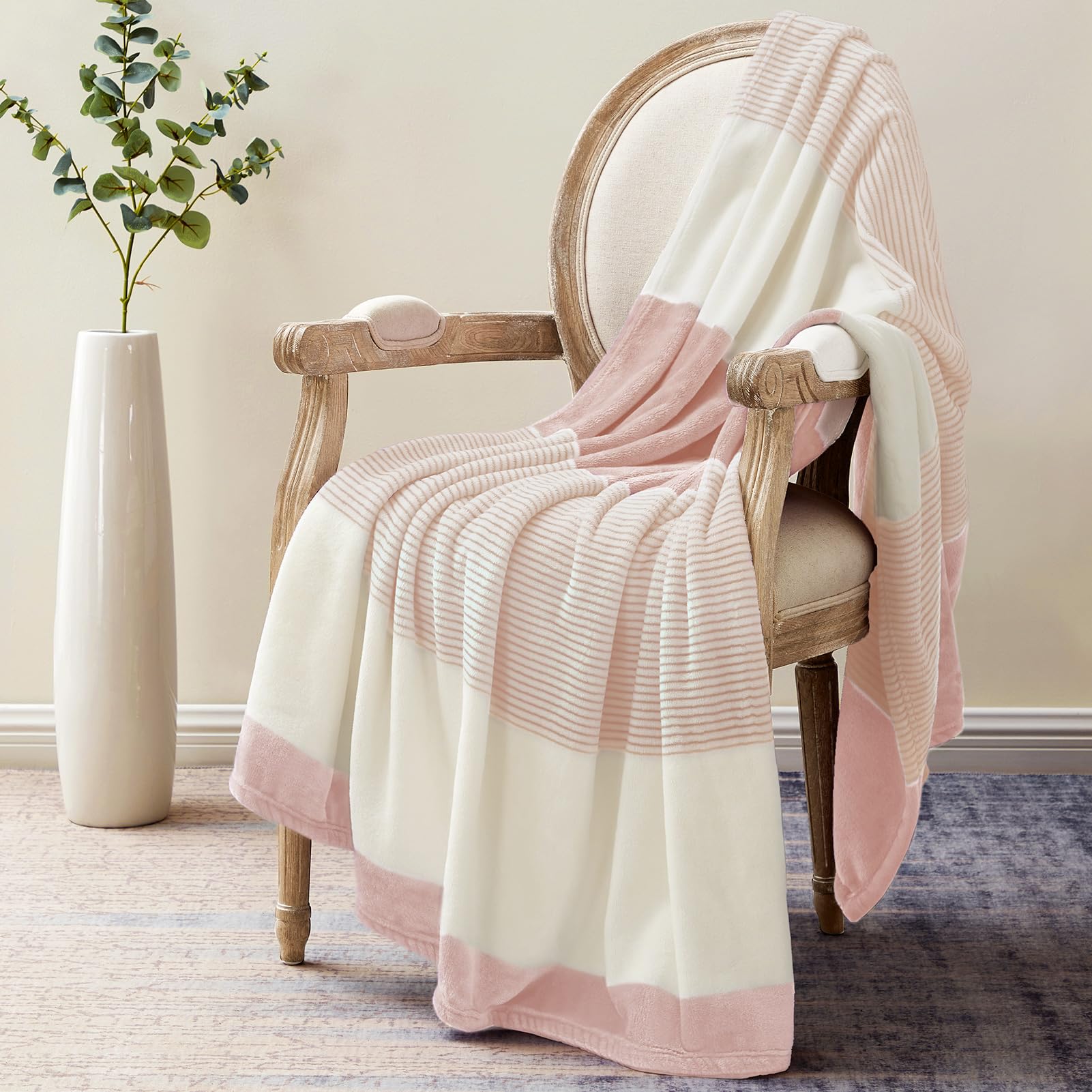 Homelike Moment Fleece Throw Blanket Twin Size, Pink Soft Fluffy Twin Blanket, Fuzzy Cozy Plush Flannel Blankets for Sofa, Comfy Warm Lightweight Twin Bed Blanket Striped (Pink, 60x80IN)