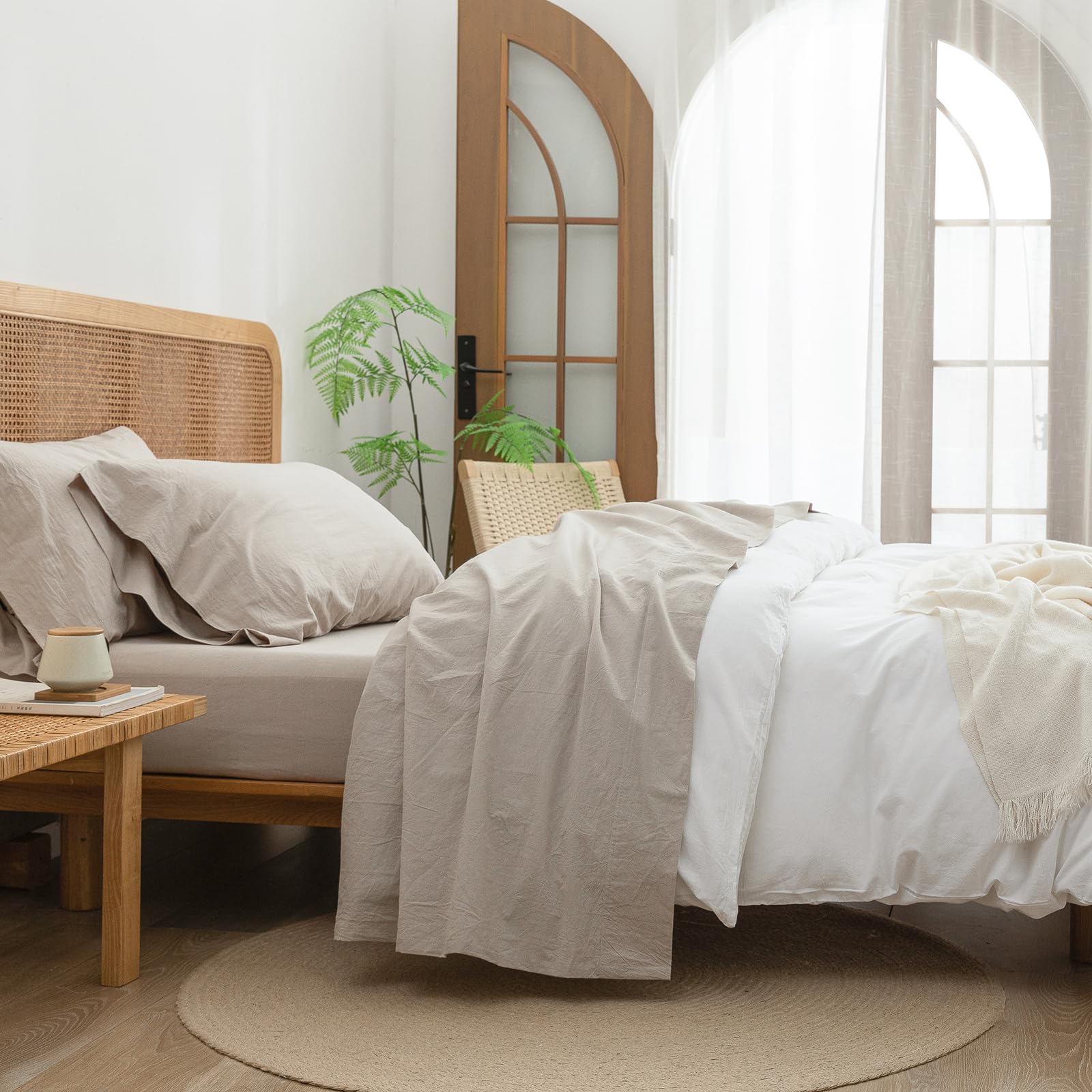 BESTOUCH Sheet Set 100% Washed Cotton Linen Feel Super Soft Comfortable Chic Lightweight 4 Pcs Home Bedding Set Solid Olive Green Queen