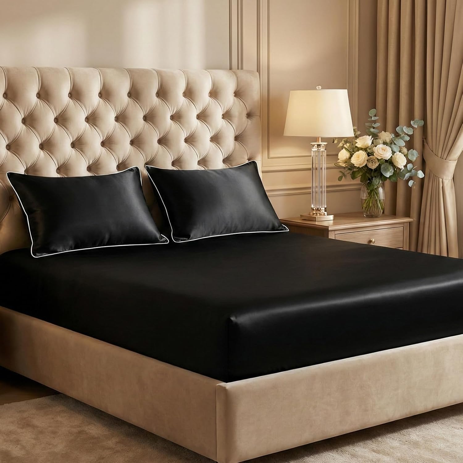 Thmyo 3-Piece Satin Bedding Set,Satin Fitted Sheet with Pillowcases,Soft Comfort Hypoallergenic Breathable Bedding Set (1 Fitted Sheet+2 Pillowcases) (Black, Twin)