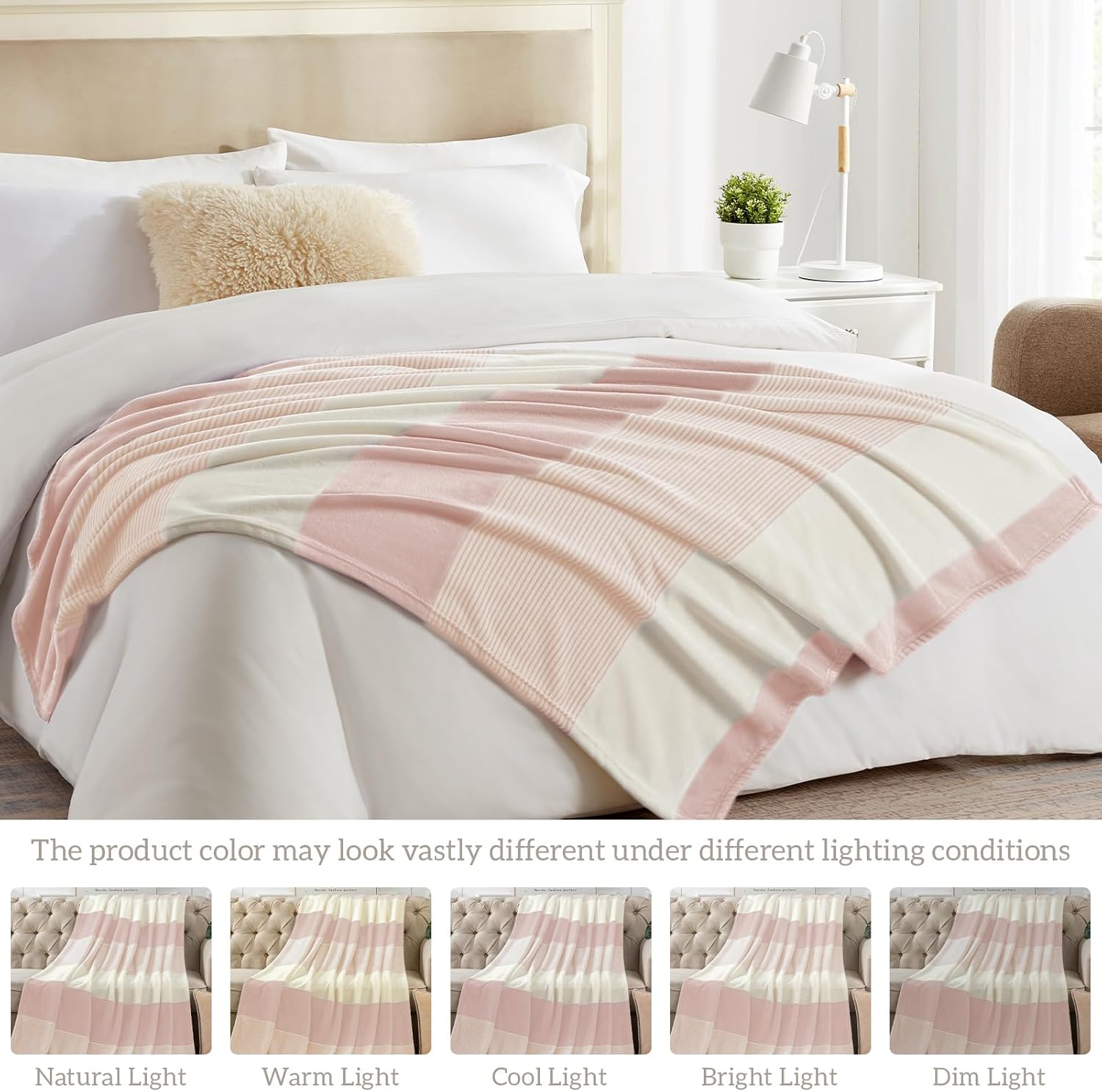 Homelike Moment Fleece Throw Blanket Twin Size, Pink Soft Fluffy Twin Blanket, Fuzzy Cozy Plush Flannel Blankets for Sofa, Comfy Warm Lightweight Twin Bed Blanket Striped (Pink, 60x80IN)