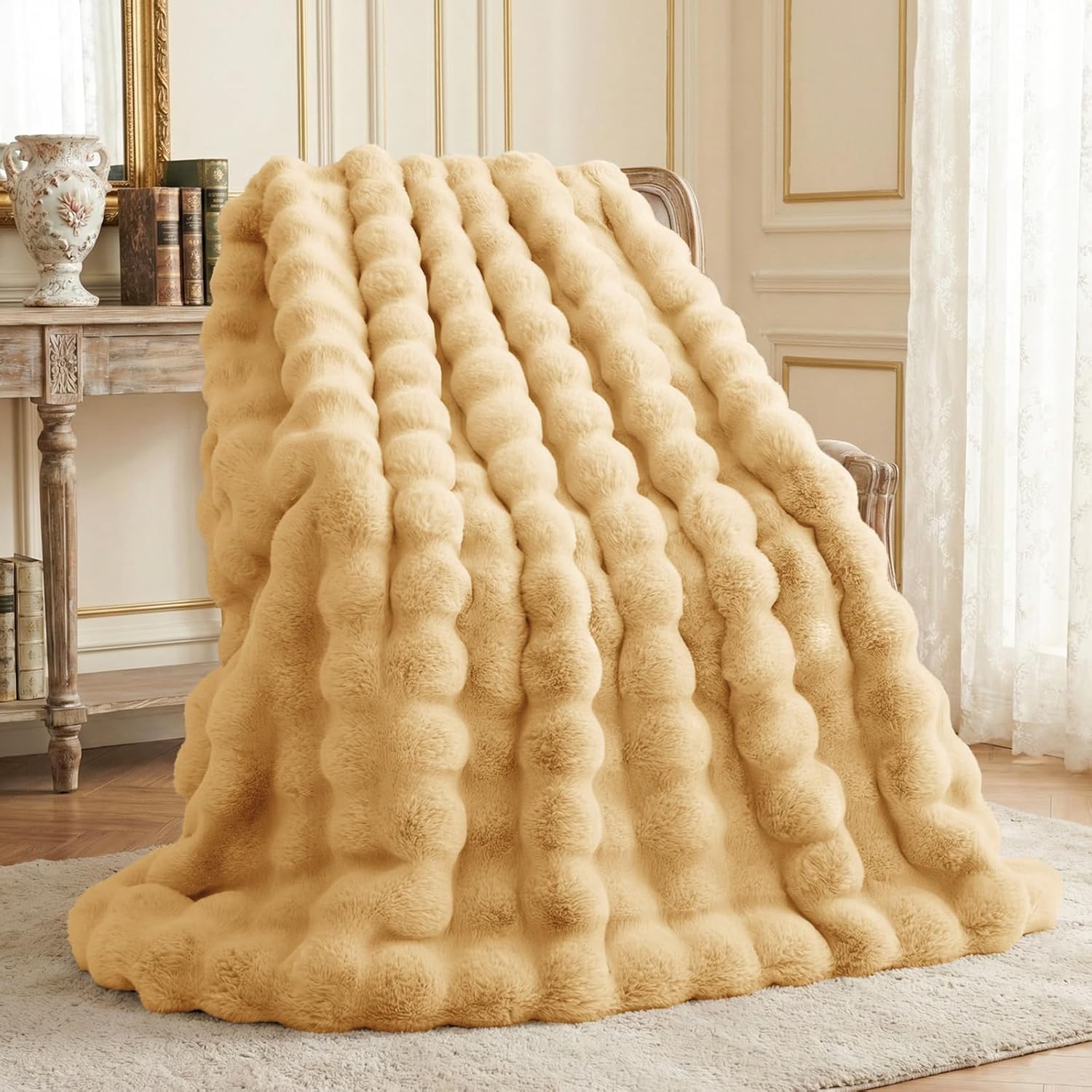 L'AGRATY Faux Rabbit Fur Blanket: 50" x 60" Luxury Soft Fluffy Thick Fur Throw Blanket for Couch Bed - Cozy Plush Bubble Blankets for Winter: Warm Flannel Fleece Decorative Blanket(Milk Tea Brown)
