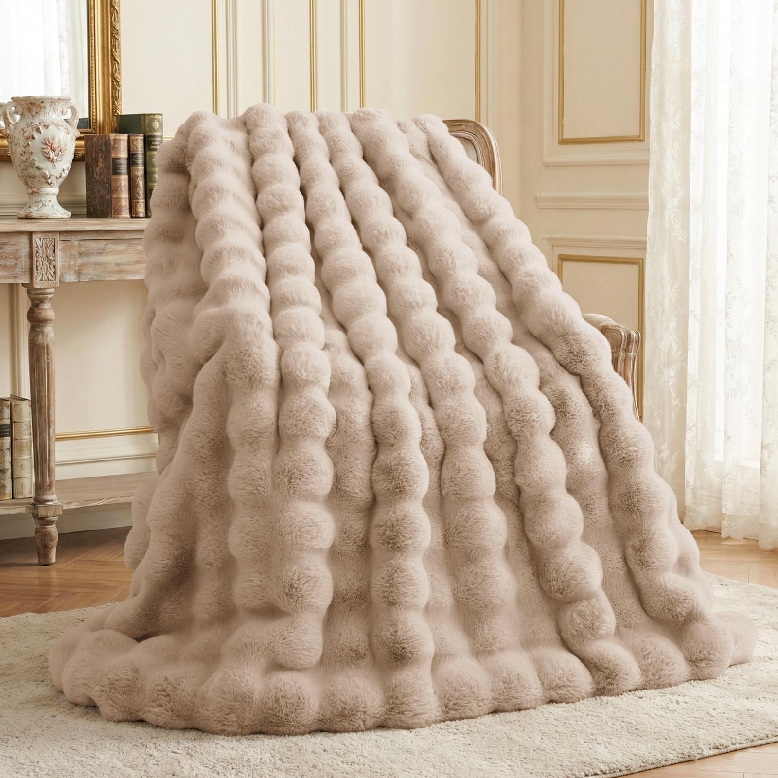 L'AGRATY Faux Rabbit Fur Blanket: 50" x 60" Luxury Soft Fluffy Thick Fur Throw Blanket for Couch Bed - Cozy Plush Bubble Blankets for Winter: Warm Flannel Fleece Decorative Blanket(Milk Tea Brown)
