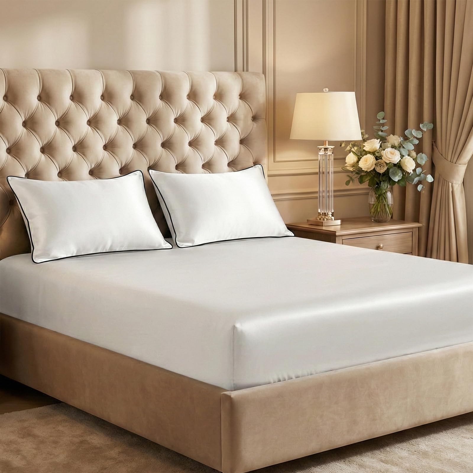 Thmyo 3-Piece Satin Bedding Set,Satin Fitted Sheet with Pillowcases,Soft Comfort Hypoallergenic Breathable Bedding Set (1 Fitted Sheet+2 Pillowcases) (Black, Twin)