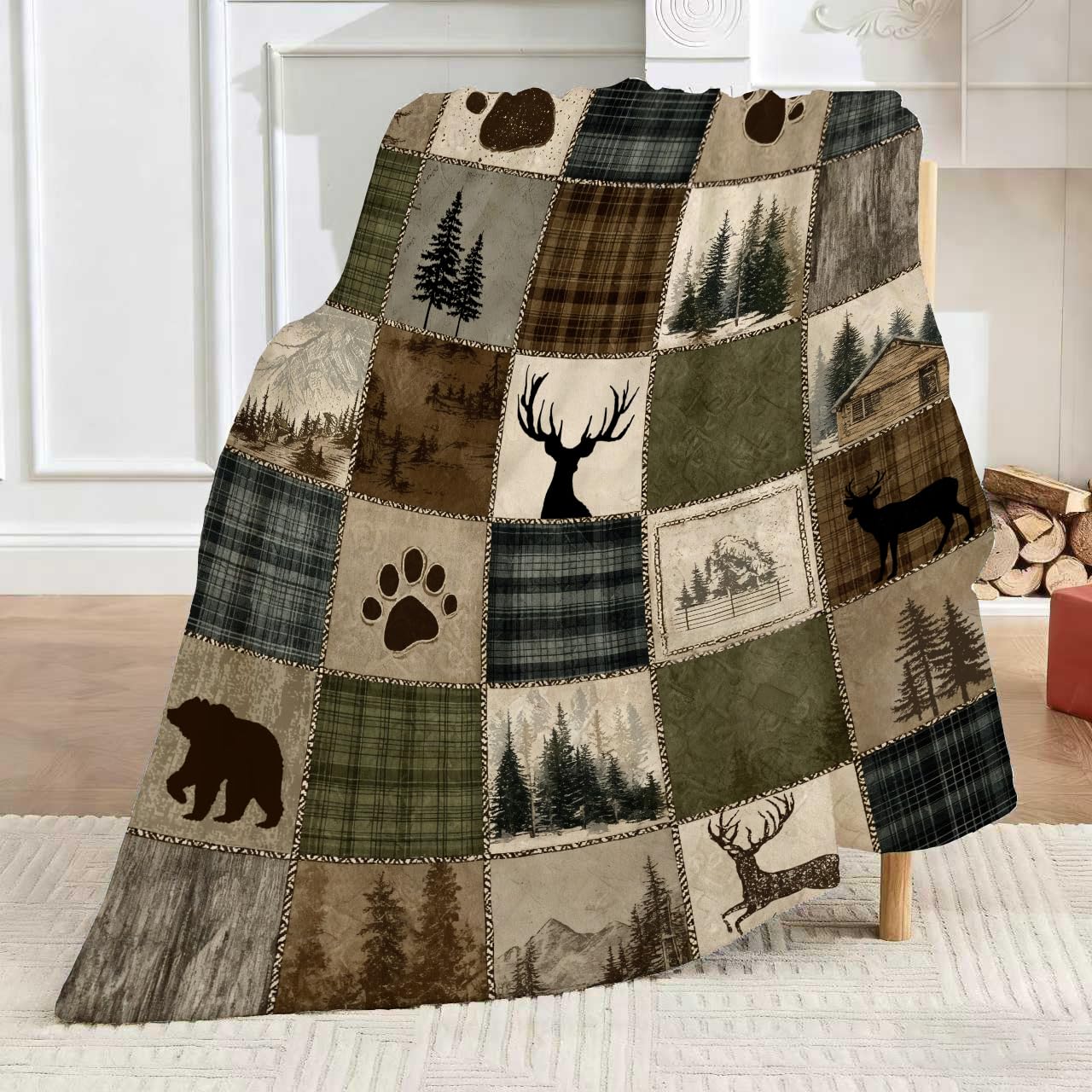Rustic Cabin Throw Blanket Country Hunting Wildlife Bear Deer Lodge Brown Plaid Patchwork Soft Cozy Flannel Fleece Blankets for Living Room Bedroom Couch Sofa Bed Rustic Home Decor, 50x60 Inch