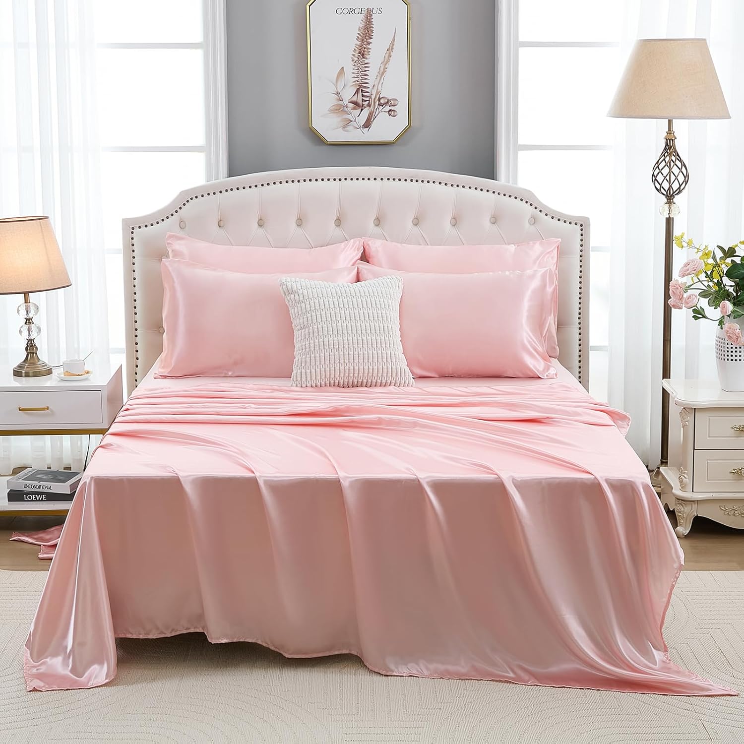 Bedorm Queen Size Satin Comforter Set 9 Pcs Pinch Pleat Bedding Comforter Extra Soft Fluffy Silky Pink Satin Bedding Set with Comforter, Flat Sheet, Fitted Sheet, Pillowcase & Cushion Cover