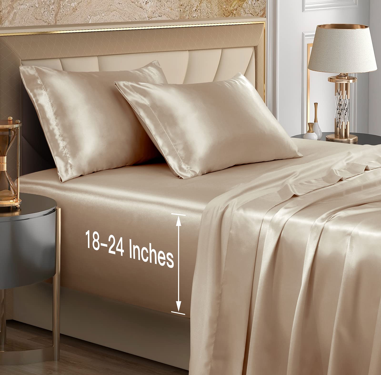 VACVELT 4pcs Extra Deep Pocket Queen Size Bedding Set, Baby Blue Luxury Satin Sheet Set Fit 18-24 Inch Deep Pocket Mattress, Soft & Ultra Deep Fitted Sheet Set