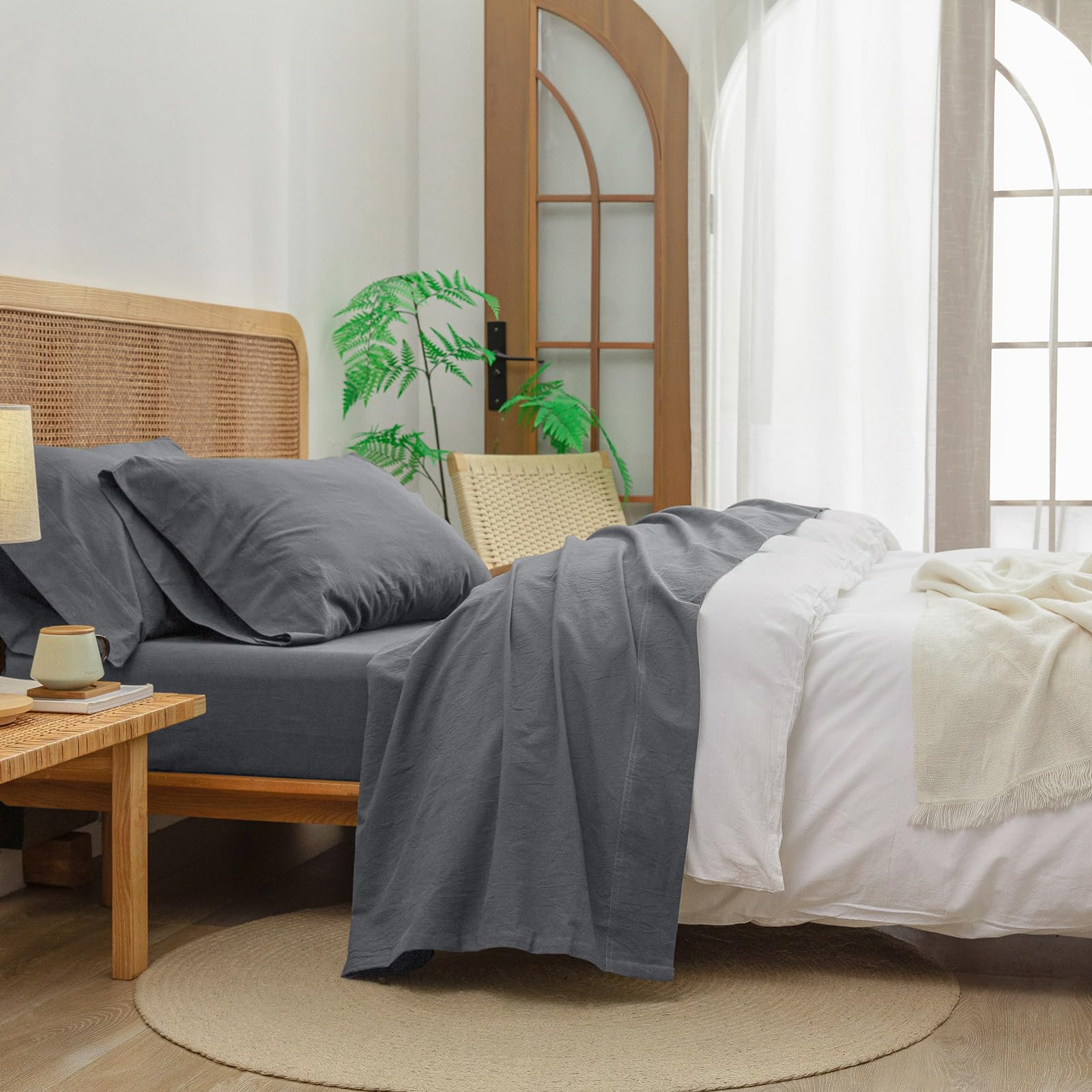 BESTOUCH Sheet Set 100% Washed Cotton Linen Feel Super Soft Comfortable Chic Lightweight 4 Pcs Home Bedding Set Solid Olive Green Queen