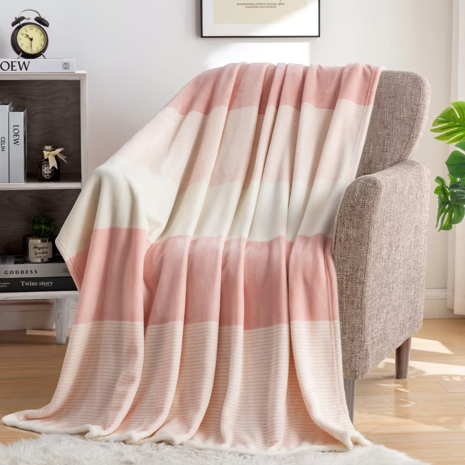 Homelike Moment Fleece Throw Blanket Twin Size, Pink Soft Fluffy Twin Blanket, Fuzzy Cozy Plush Flannel Blankets for Sofa, Comfy Warm Lightweight Twin Bed Blanket Striped (Pink, 60x80IN)