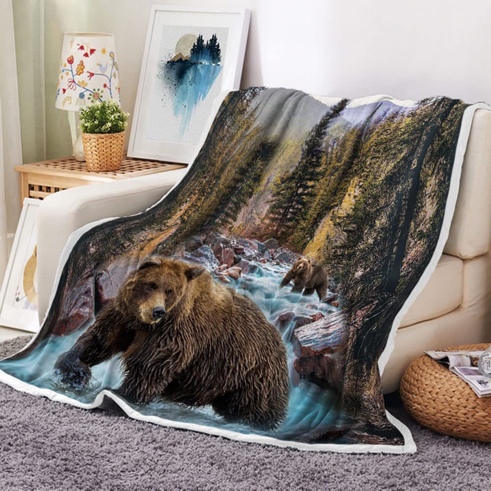 Rustic Cabin Throw Blankets, Farmhouse Country Antique Bear Moose Forest Vintage Wood Cozy Warm Bed Couch Blanket, Hunting Camping White Fleece Flannel Throws to Decorate The Room and Bedroom