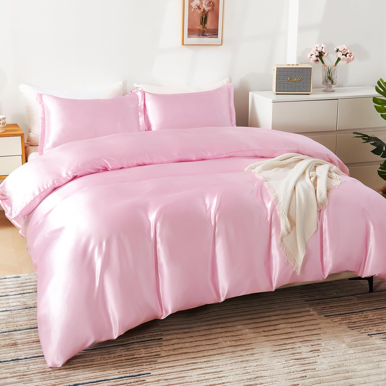 HOdo Home Satin Duvet Cover Queen Size, 3PCS Silk Like Comforter Cover, Ultra Soft and Breathable Bedding Set with Zipper Closure & Corner Ties (Pink)