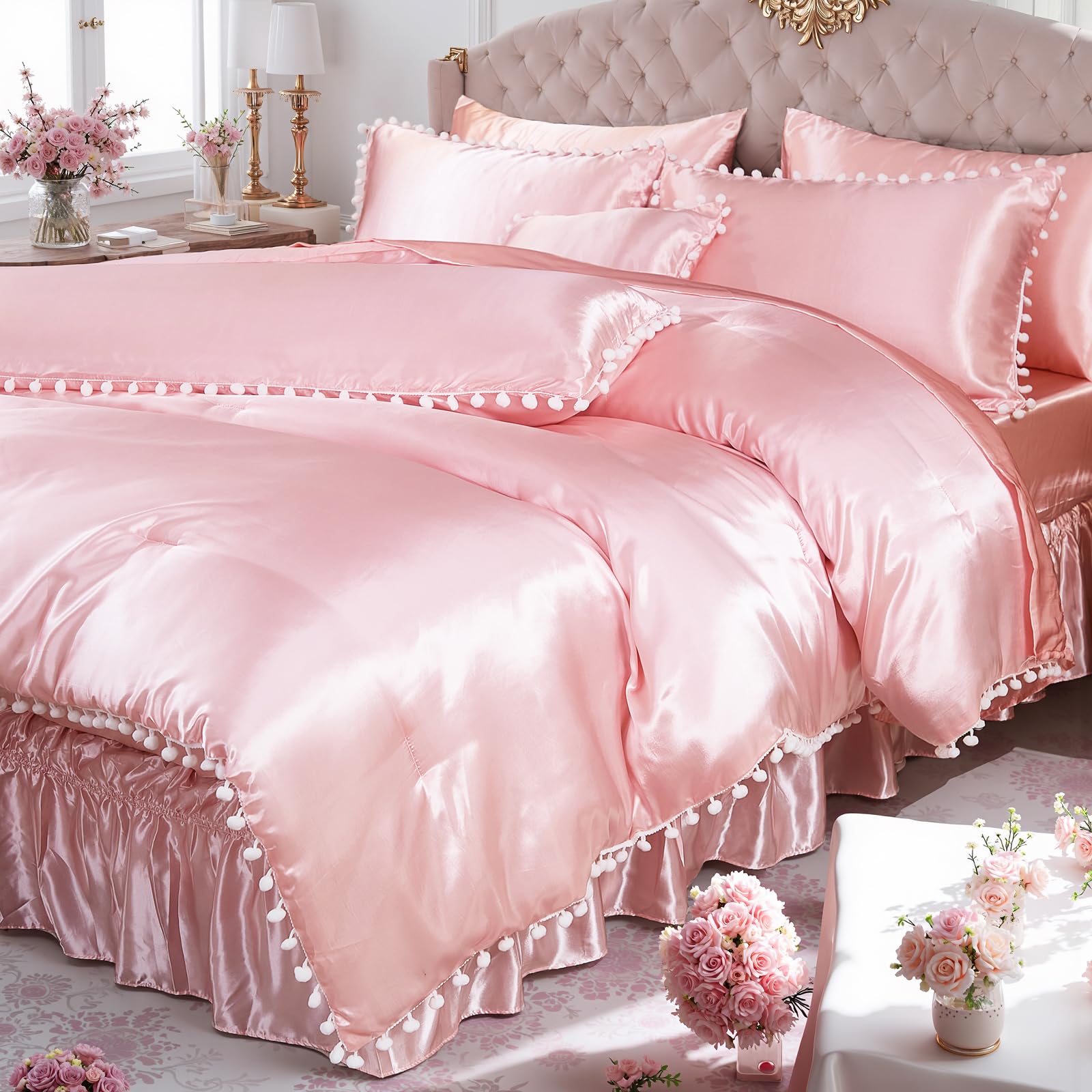 Bedorm Black Satin Comforter Sets Queen Silky Pom Pom Bedding Set 10 Pcs White Balls Fringe Decorative Comforter Silk Like Satin Comforter with Satin Sheet Set & Bed Skirt & Pillow Cover