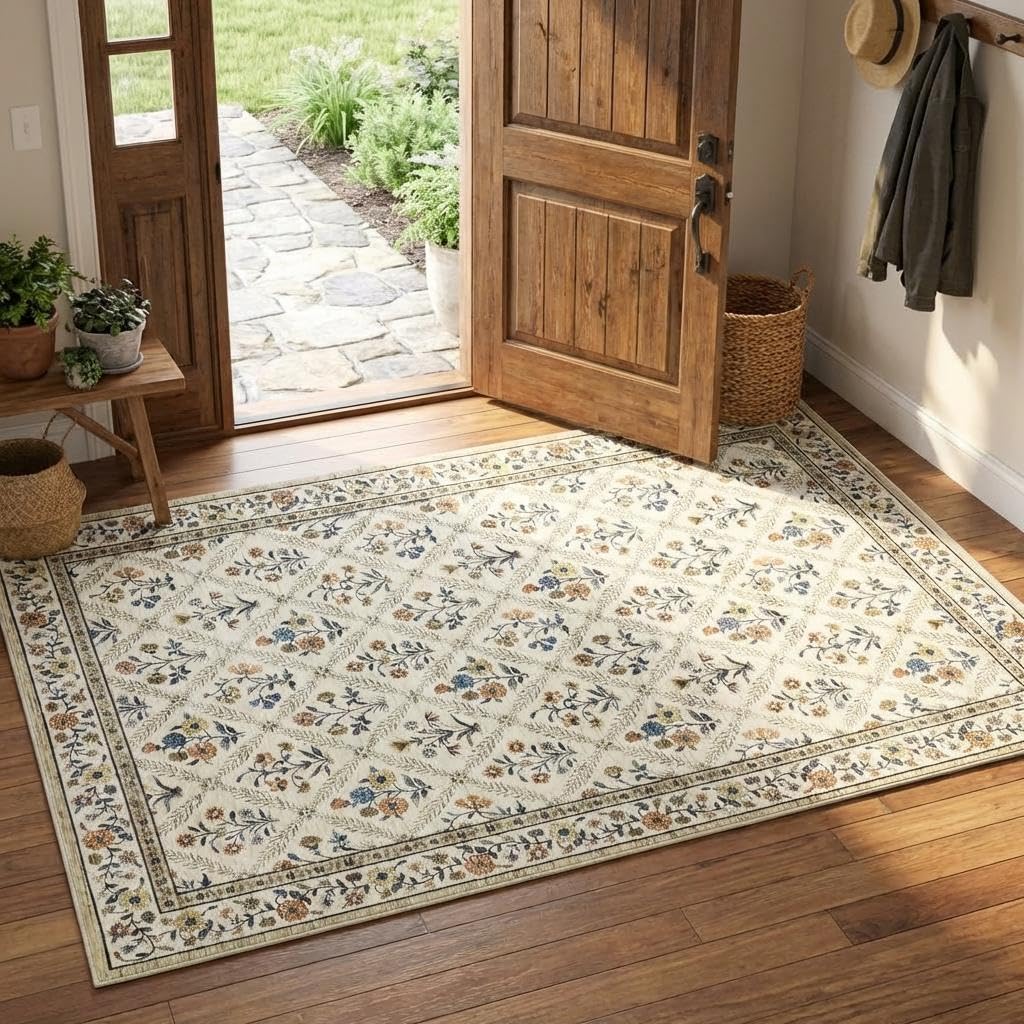 GarveeHome Modern Geometric Area Rug 5x7 Distressed Bordered Rug Washable Non Slip Floor Carpet Non Shedding Thin Rug, Soft Low Pile Rug, Contemporary Brown Rug for Dining Room, Living Room