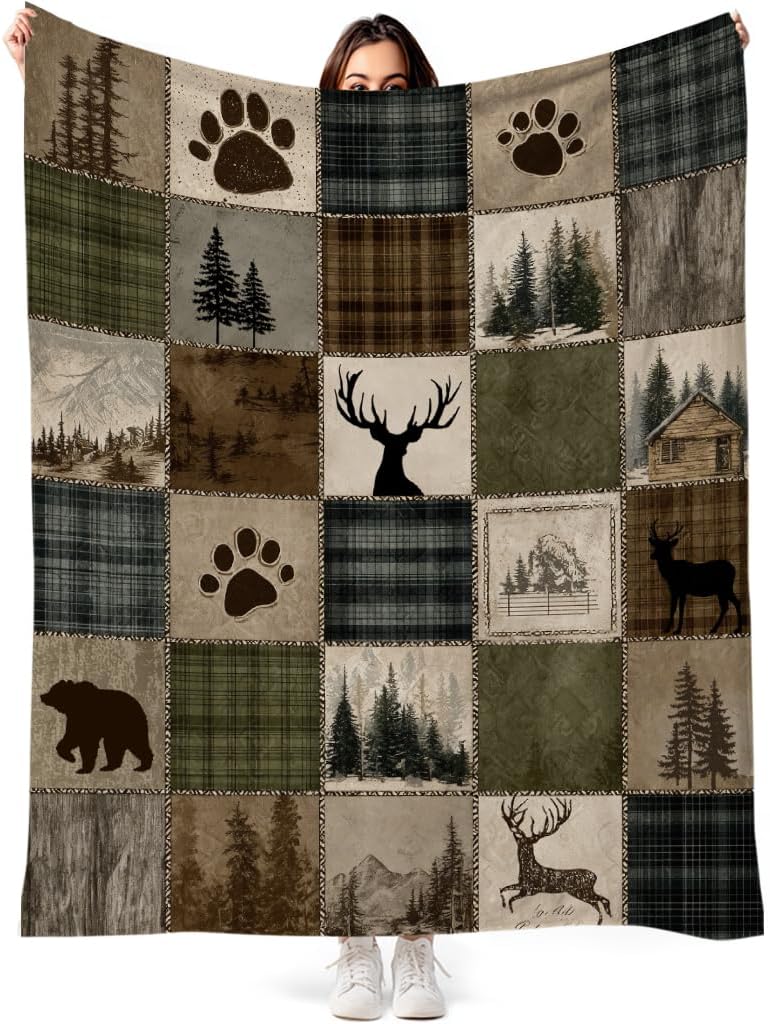 Rustic Cabin Throw Blanket Country Hunting Wildlife Bear Deer Lodge Brown Plaid Patchwork Soft Cozy Flannel Fleece Blankets for Living Room Bedroom Couch Sofa Bed Rustic Home Decor, 50x60 Inch